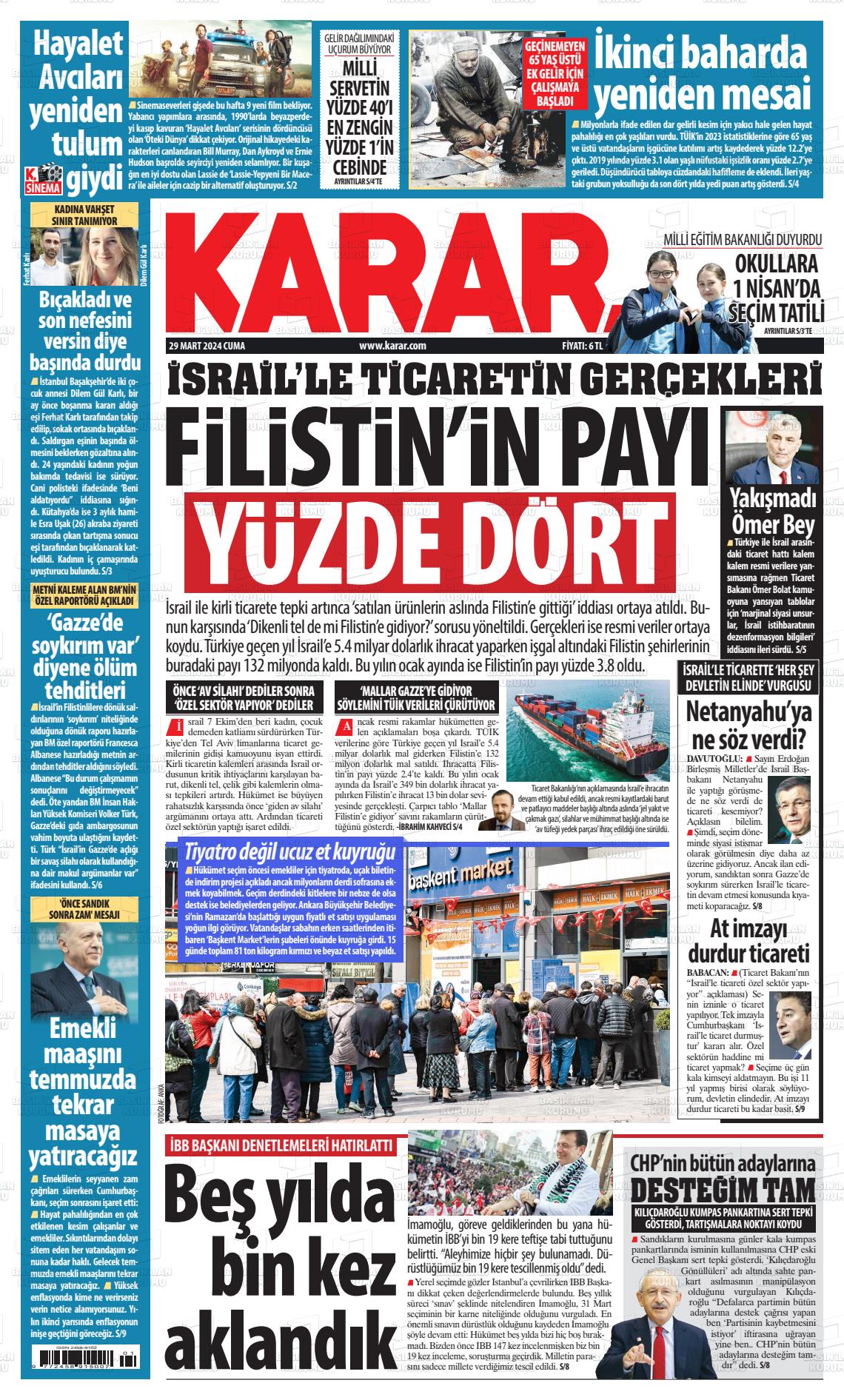 29 Mart 2024 Karar Gazete Manşeti