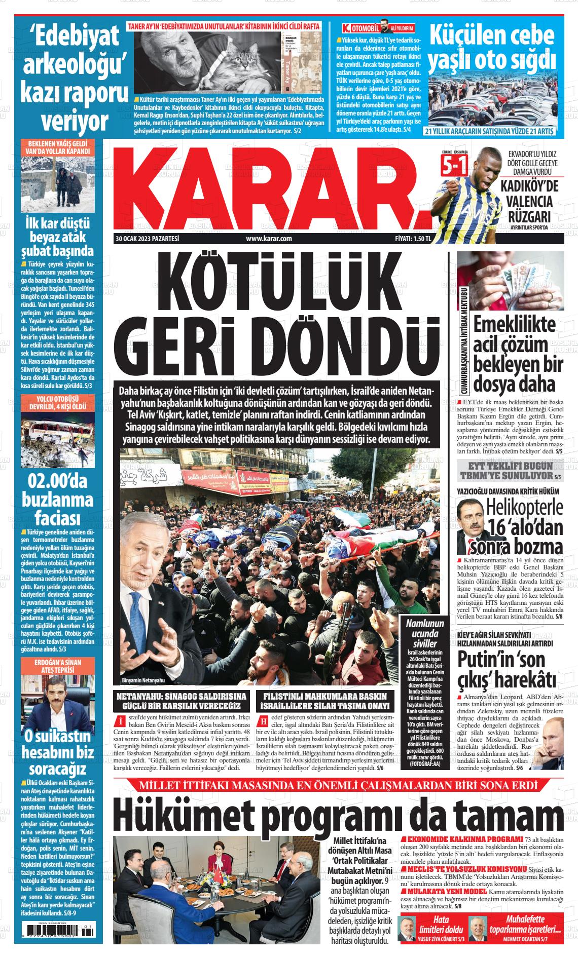 30 Ocak 2023 Karar Gazete Manşeti