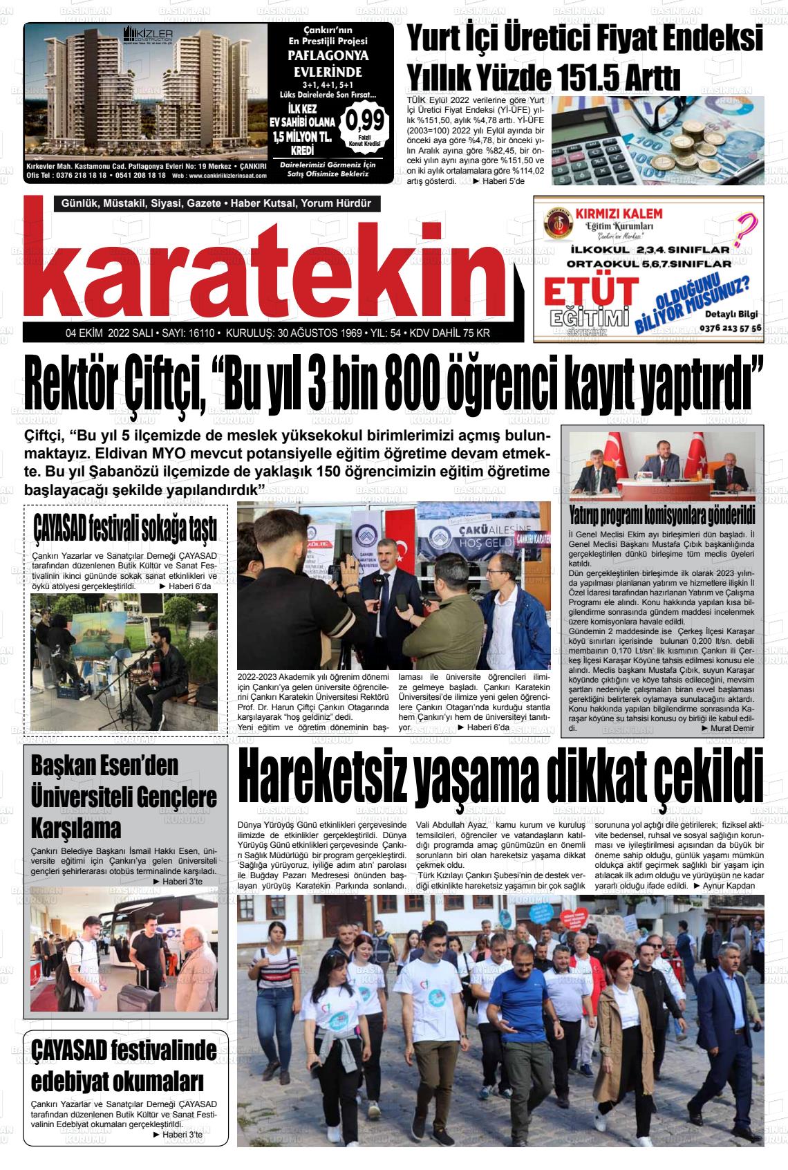 04 Ekim 2022 Karatekin Gazete Manşeti