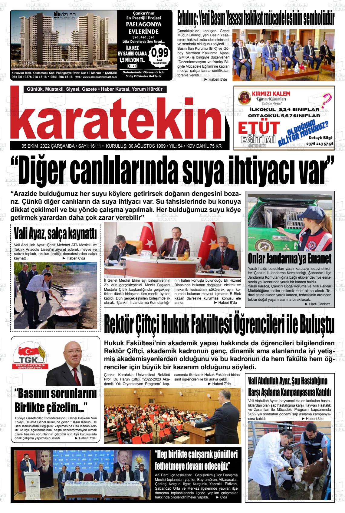 05 Ekim 2022 Karatekin Gazete Manşeti