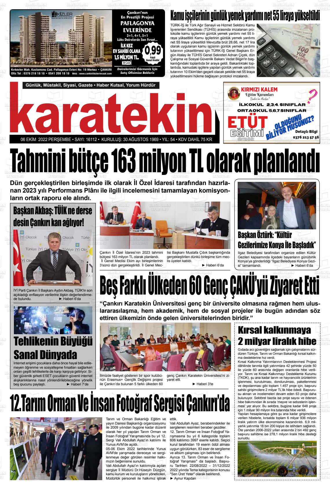 06 Ekim 2022 Karatekin Gazete Manşeti