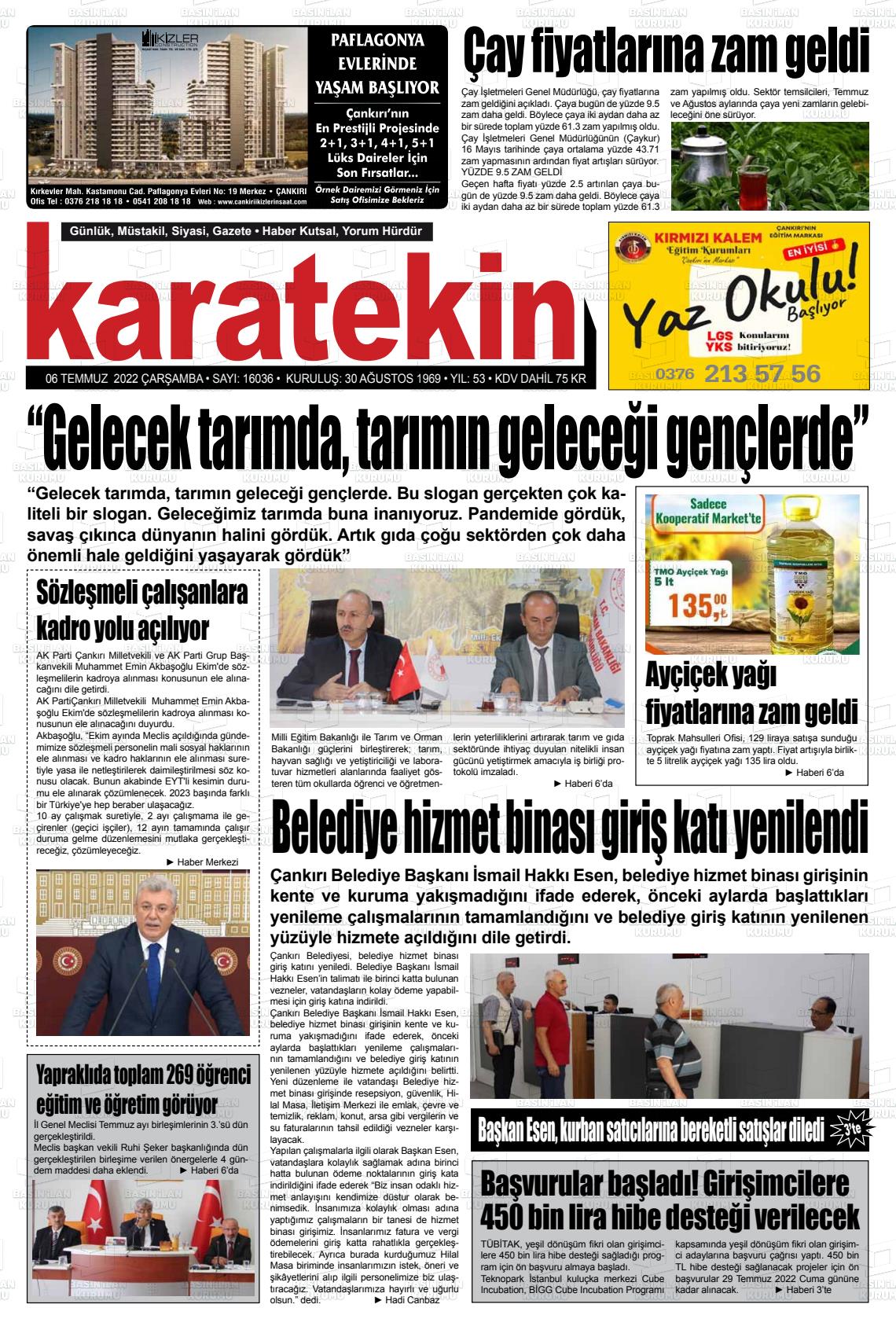 06 Temmuz 2022 Karatekin Gazete Manşeti