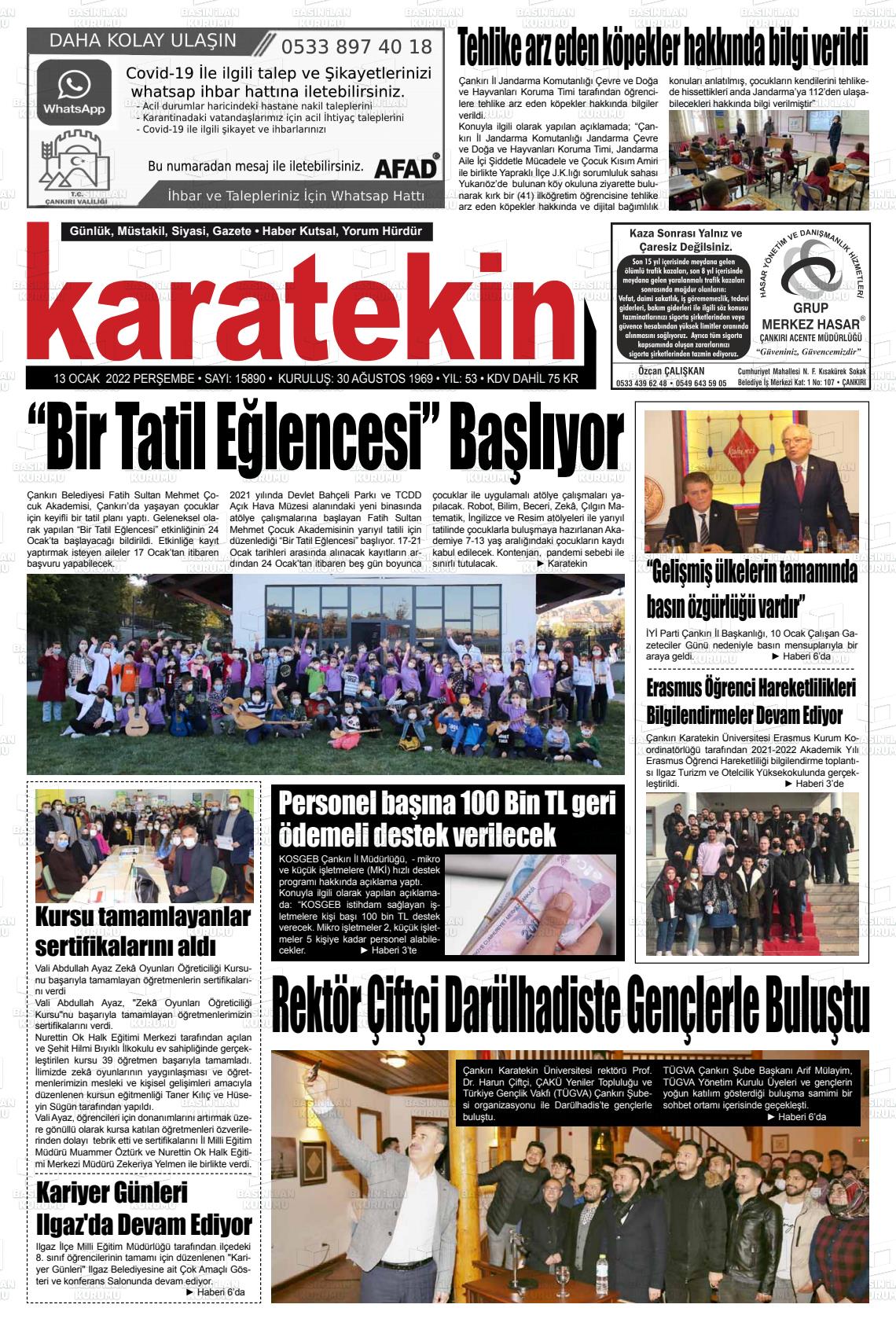 13 Ocak 2022 Karatekin Gazete Manşeti