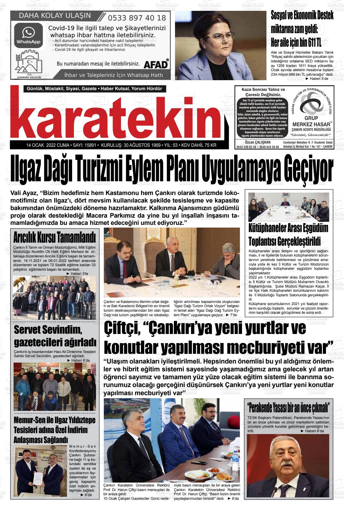 14 Ocak 2022 Karatekin Gazete Manşeti