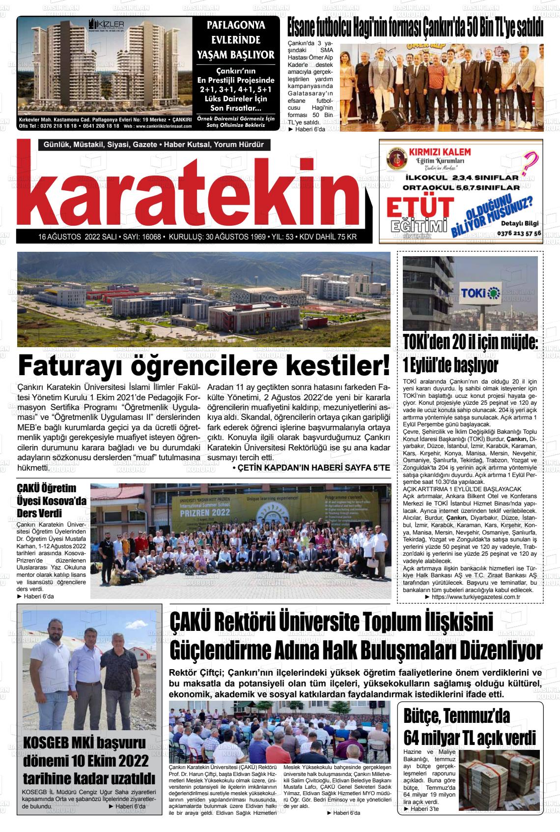 16 Ağustos 2022 Karatekin Gazete Manşeti