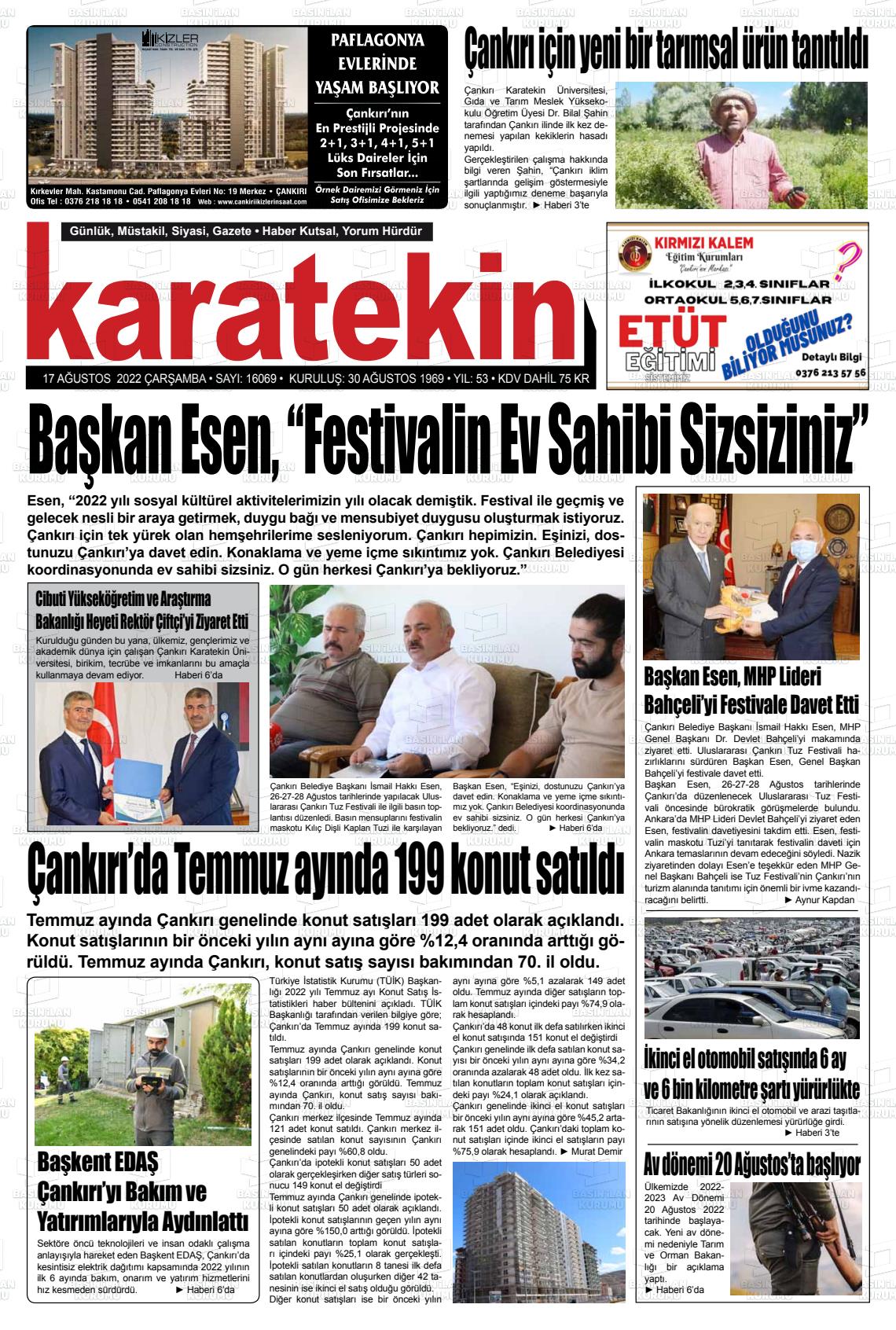 17 Ağustos 2022 Karatekin Gazete Manşeti
