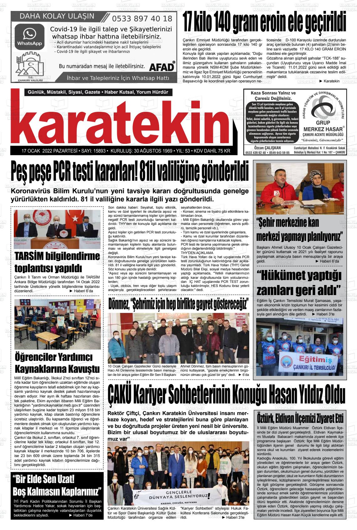 17 Ocak 2022 Karatekin Gazete Manşeti