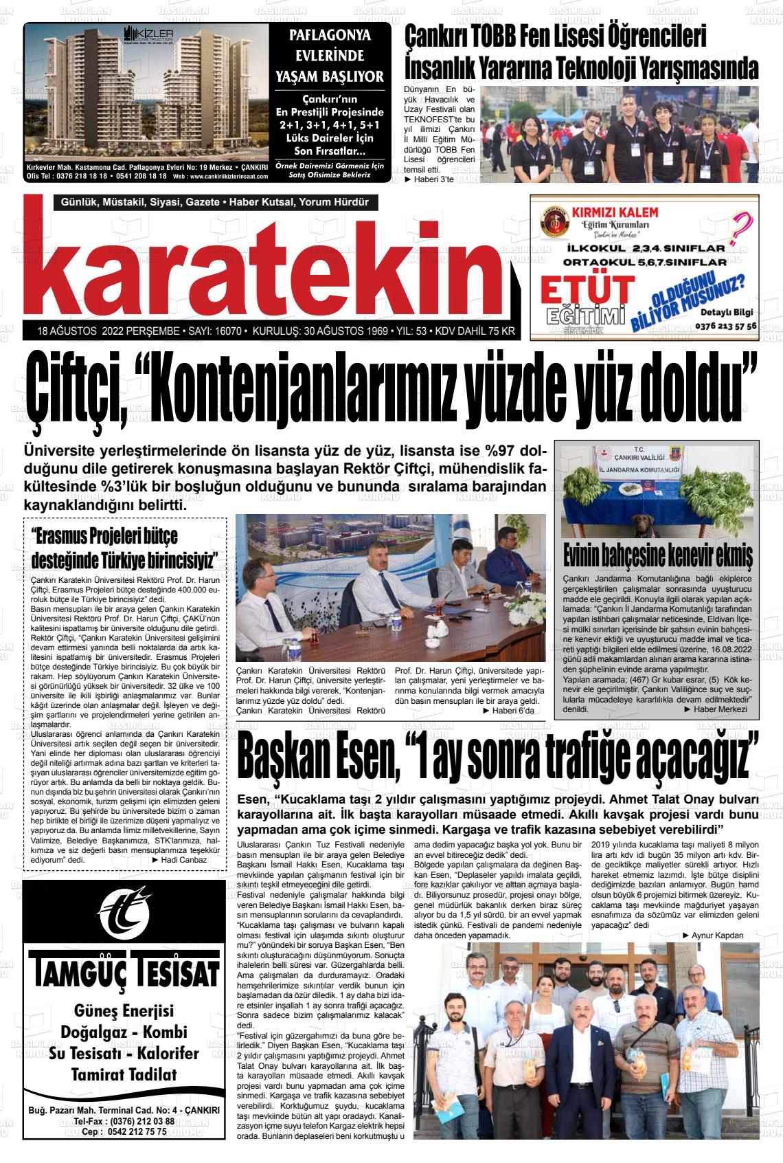 18 Ağustos 2022 Karatekin Gazete Manşeti