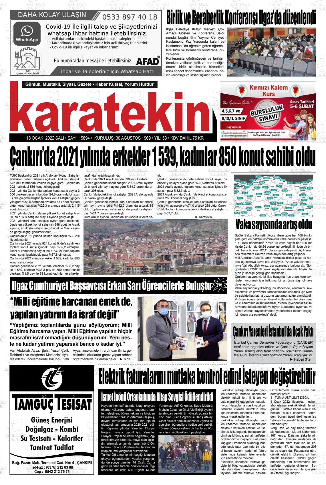 18 Ocak 2022 Karatekin Gazete Manşeti