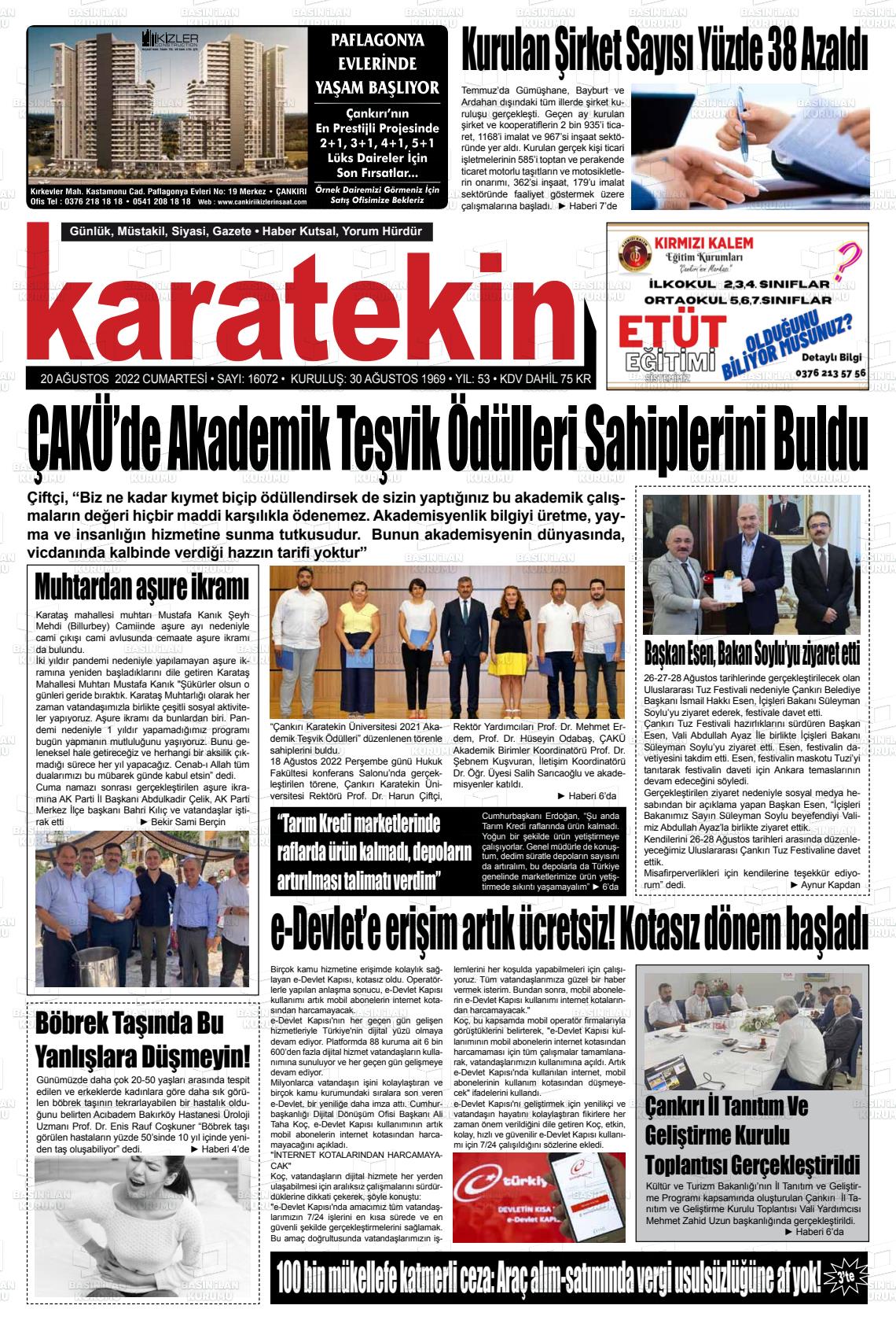 20 Ağustos 2022 Karatekin Gazete Manşeti