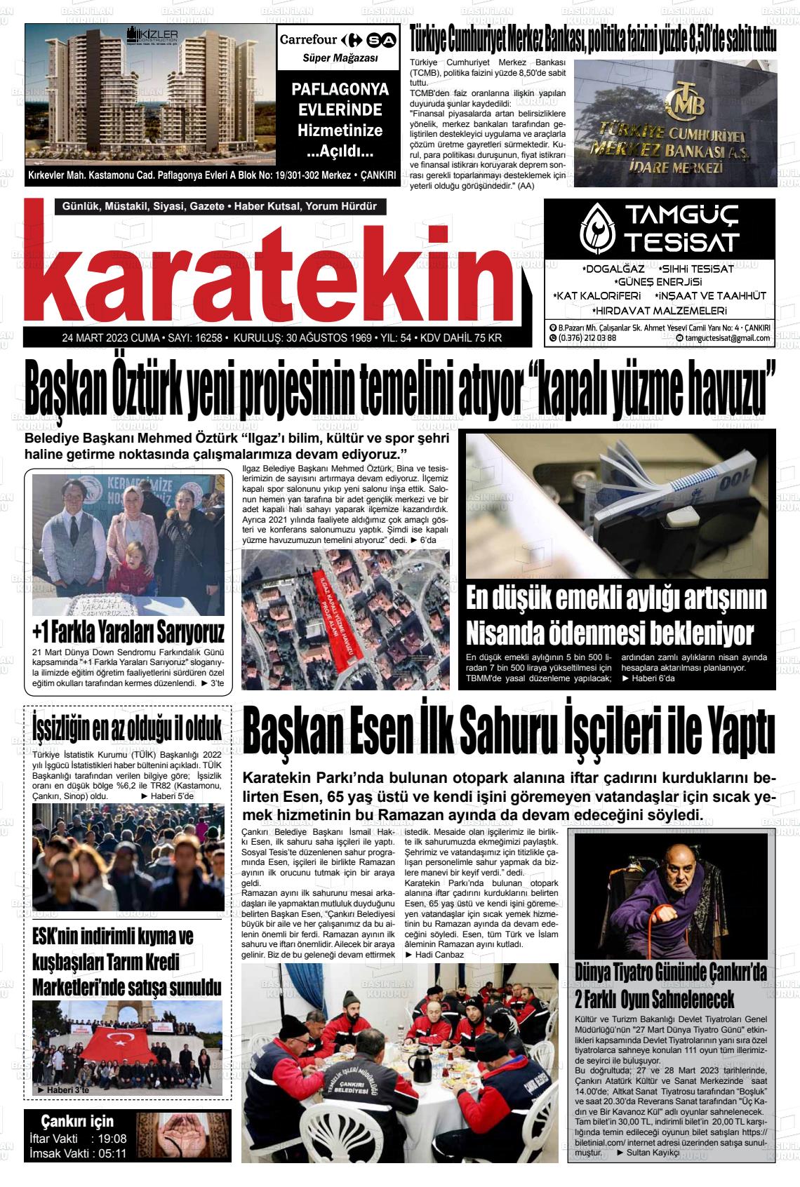 24 Mart 2023 Karatekin Gazete Manşeti