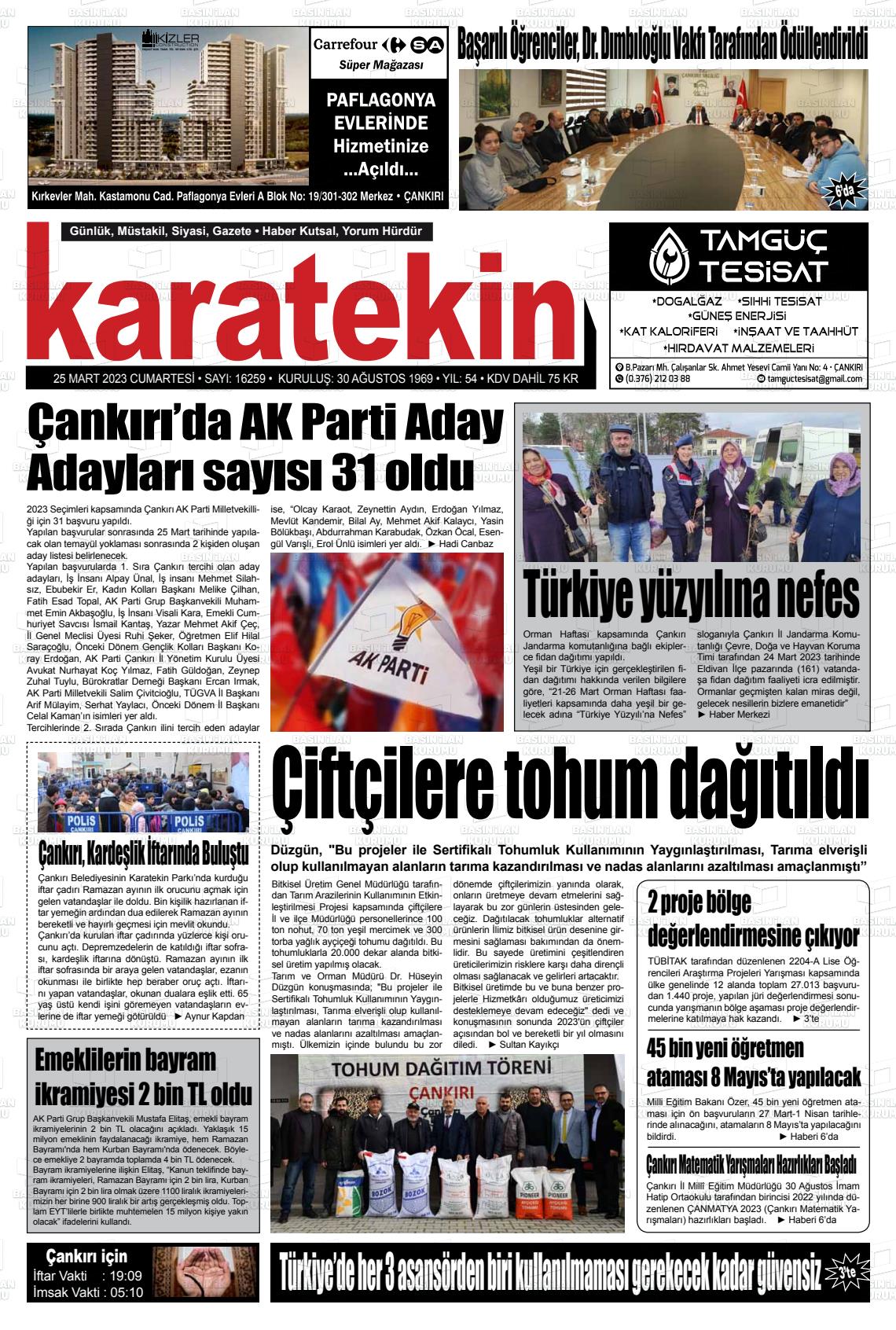 25 Mart 2023 Karatekin Gazete Manşeti