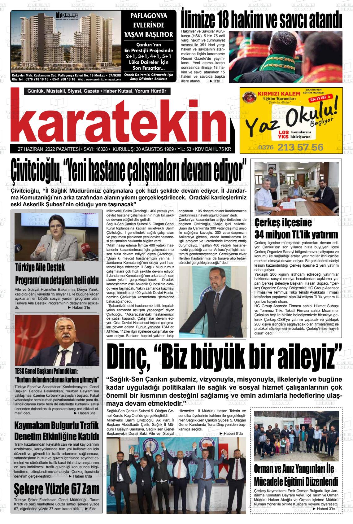 27 Haziran 2022 Karatekin Gazete Manşeti