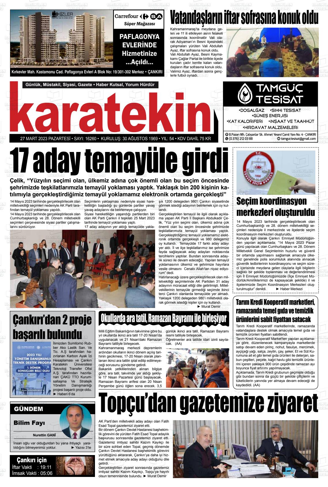 27 Mart 2023 Karatekin Gazete Manşeti