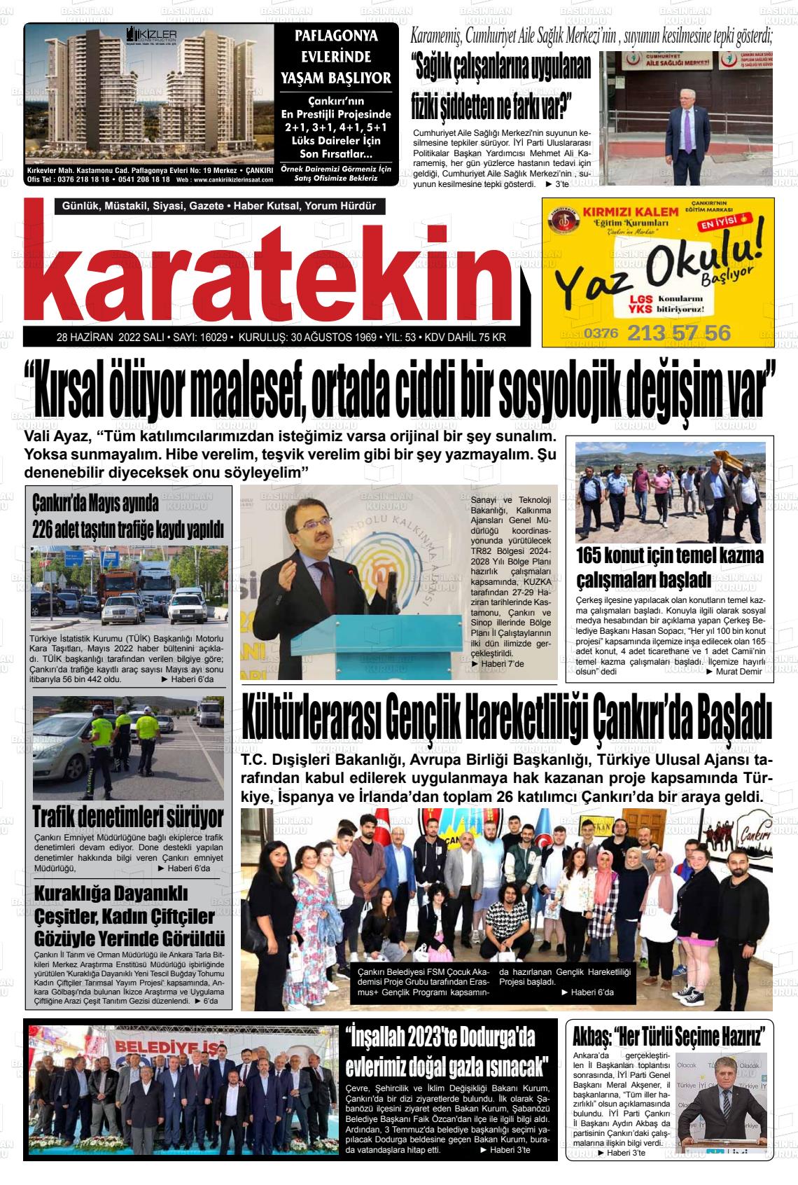 28 Haziran 2022 Karatekin Gazete Manşeti