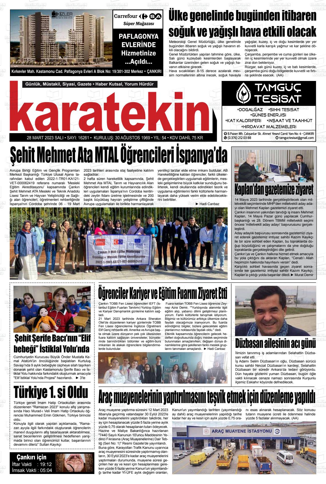 28 Mart 2023 Karatekin Gazete Manşeti