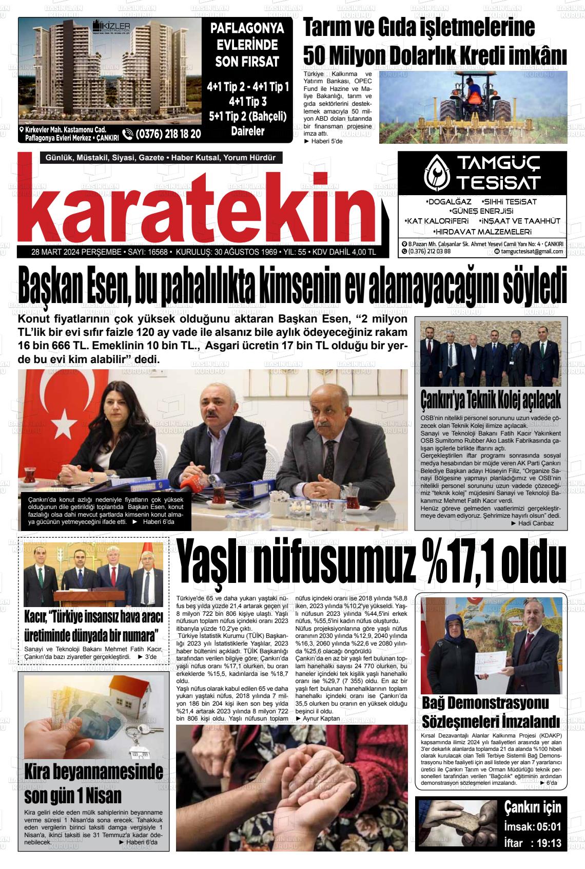 28 Mart 2024 Karatekin Gazete Manşeti