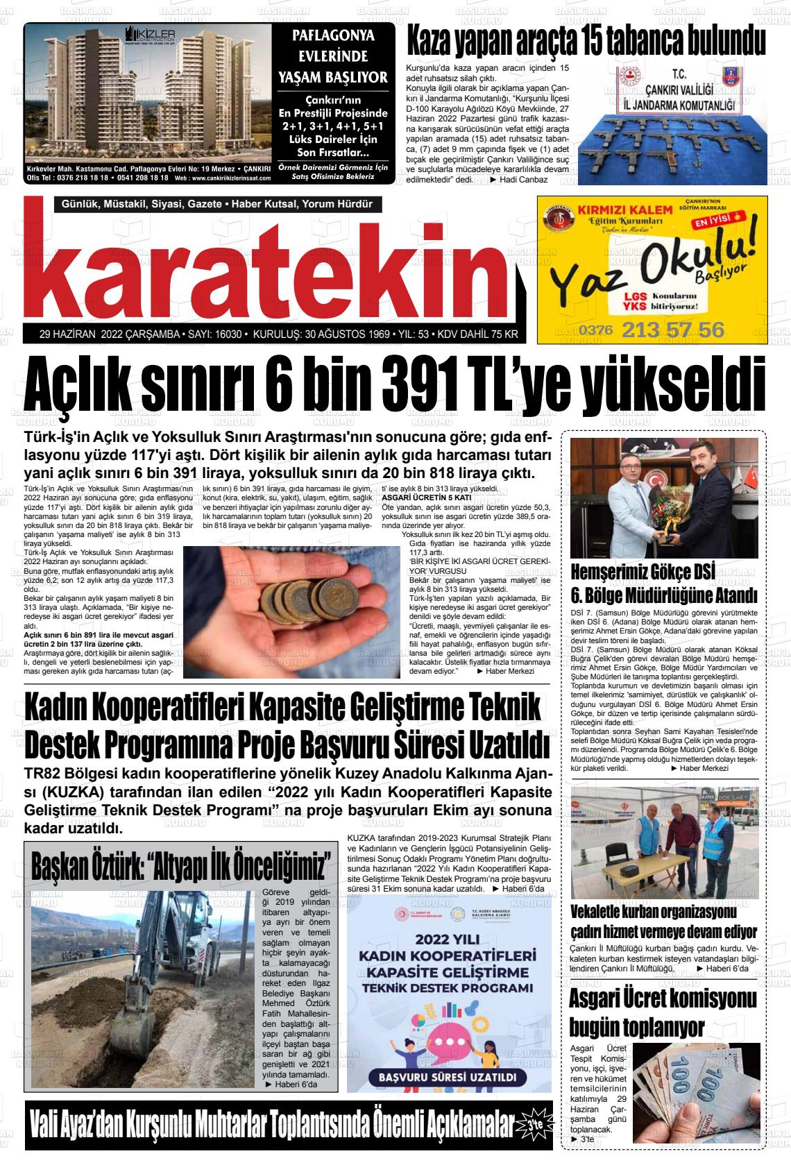 29 Haziran 2022 Karatekin Gazete Manşeti