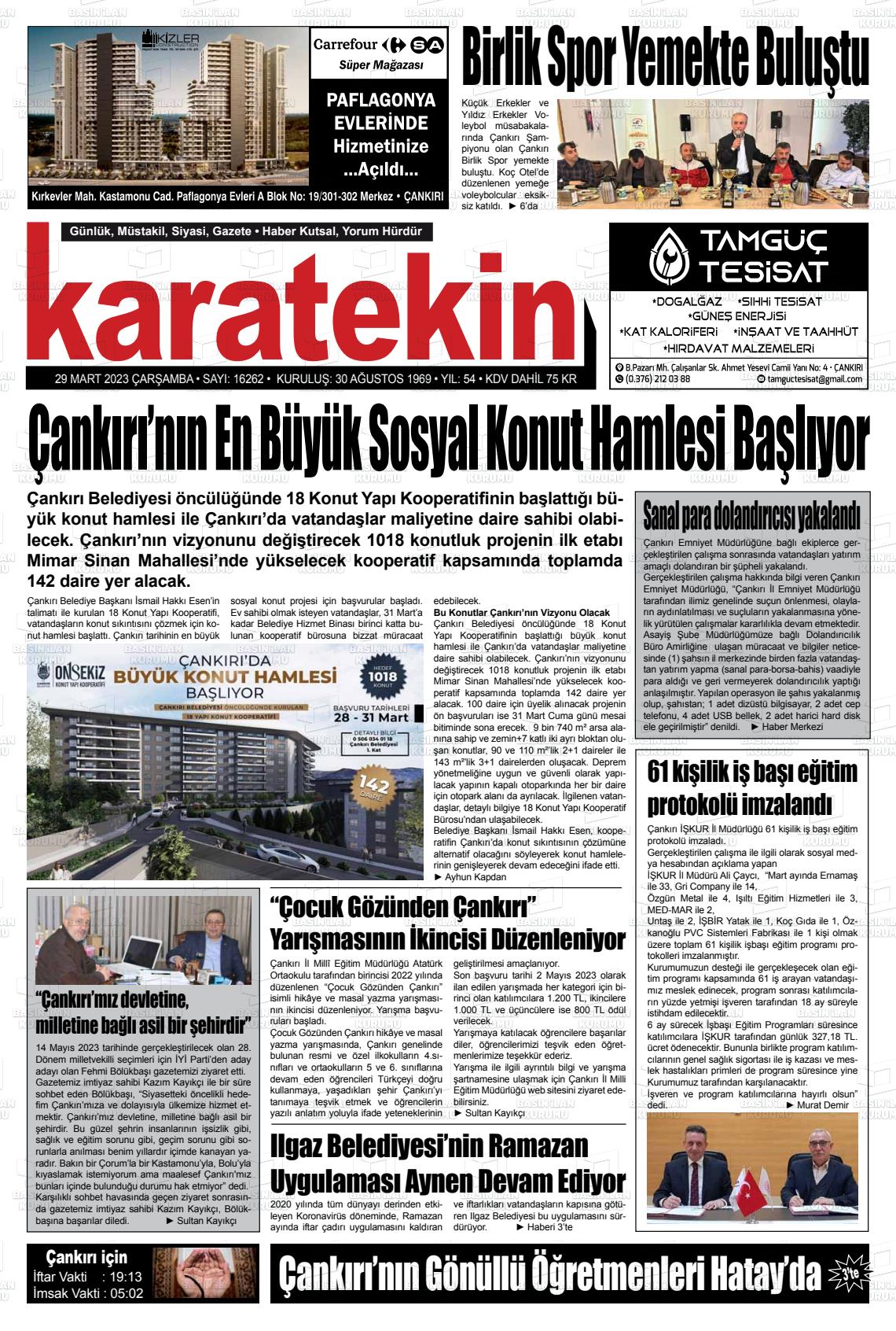 29 Mart 2023 Karatekin Gazete Manşeti