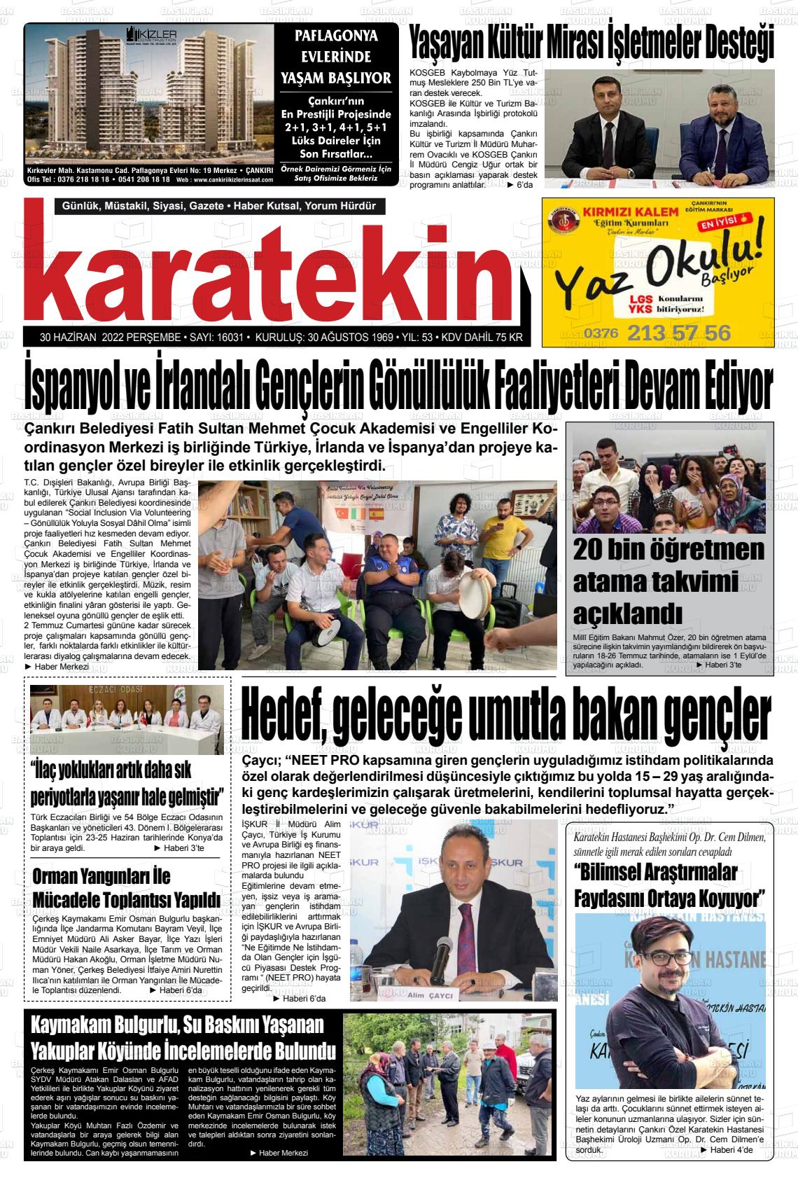01 Temmuz 2022 Karatekin Gazete Manşeti
