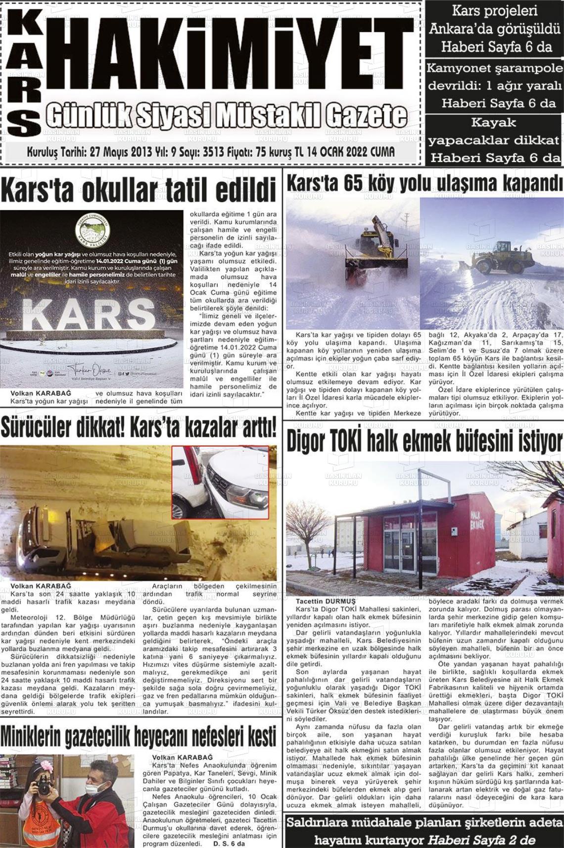 14 Ocak 2022 Kars Manşet Gazete Manşeti