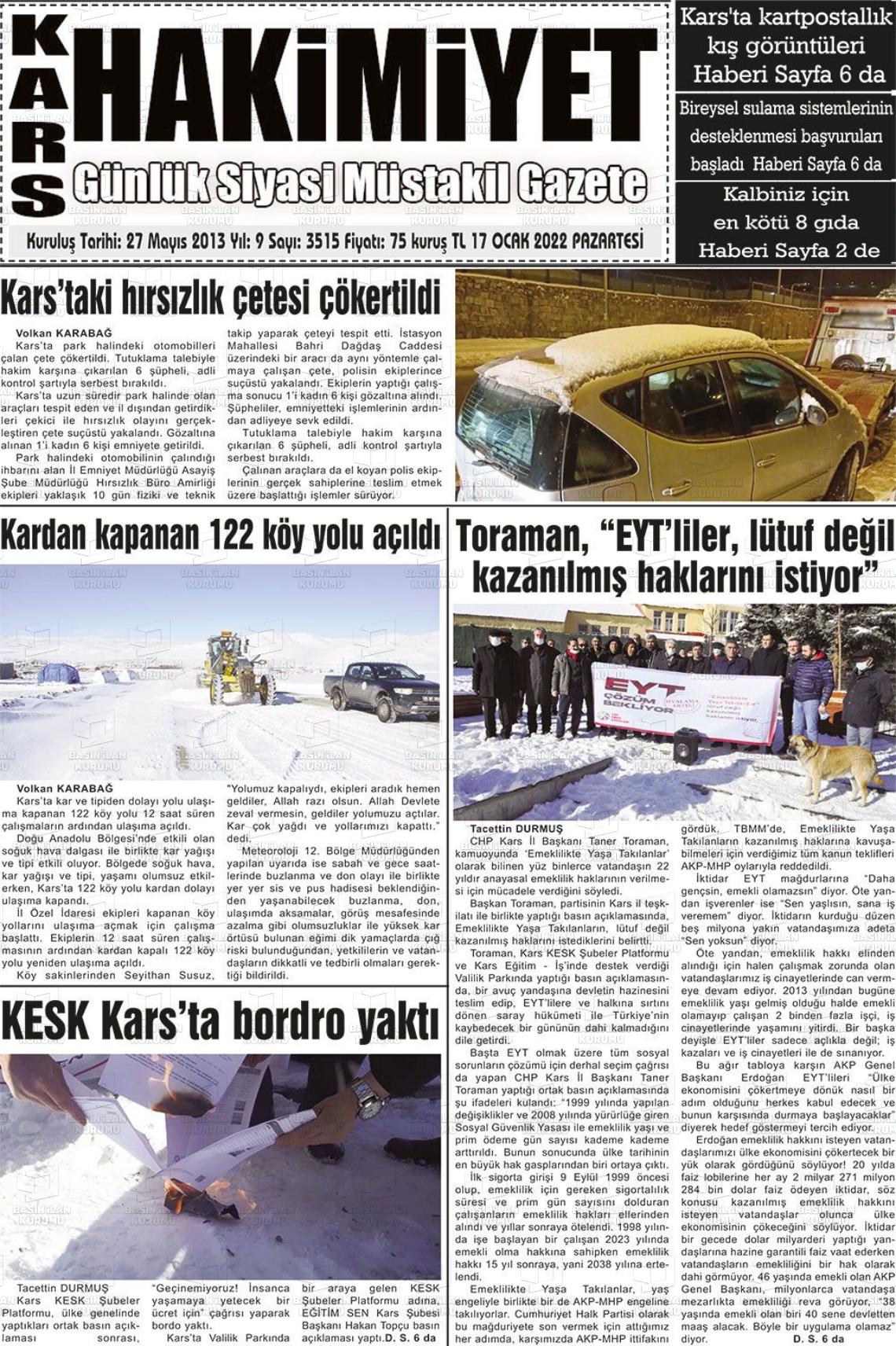 17 Ocak 2022 Kars Manşet Gazete Manşeti