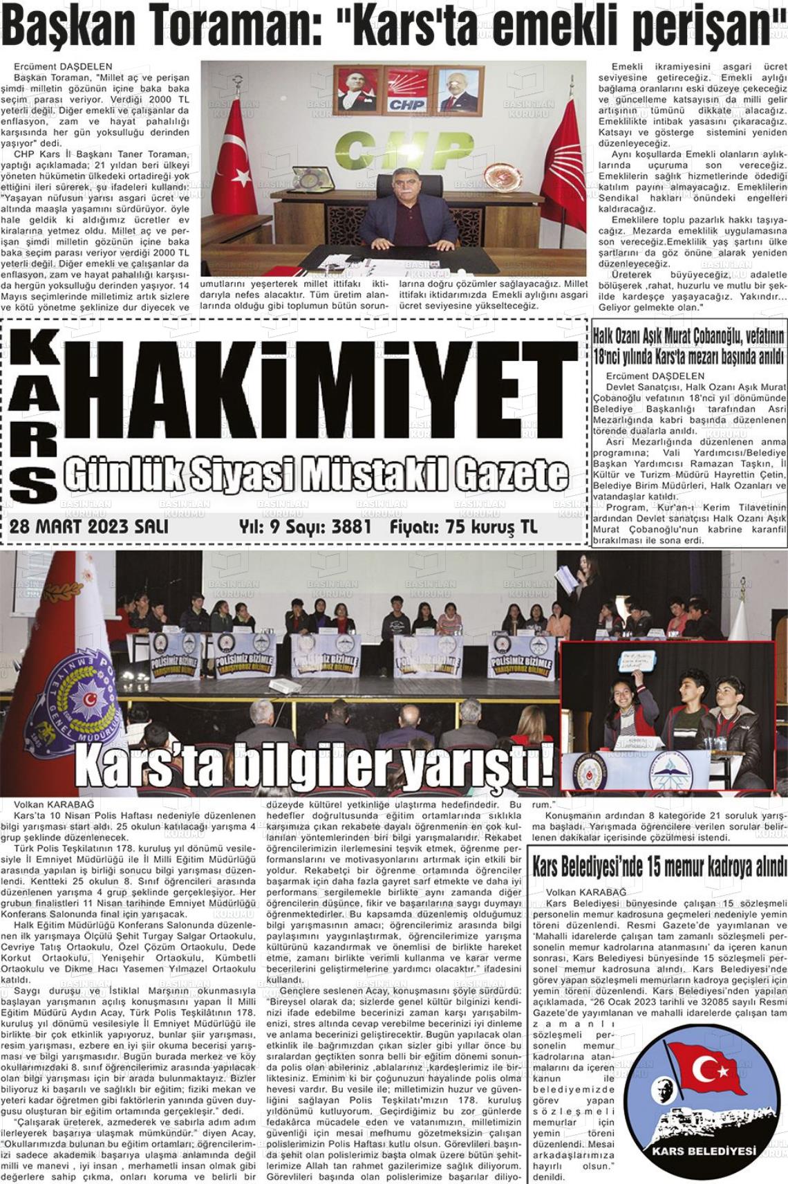 28 Mart 2023 Kars Manşet Gazete Manşeti