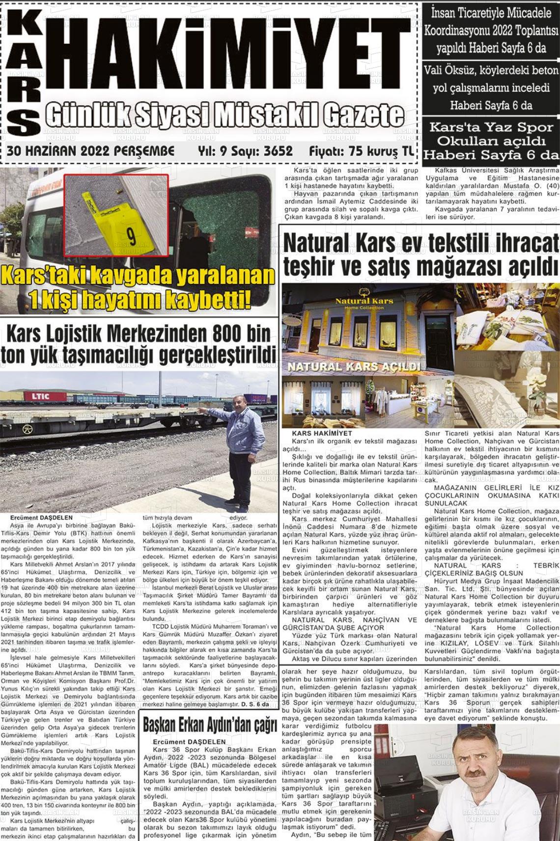 01 Temmuz 2022 Kars Manşet Gazete Manşeti