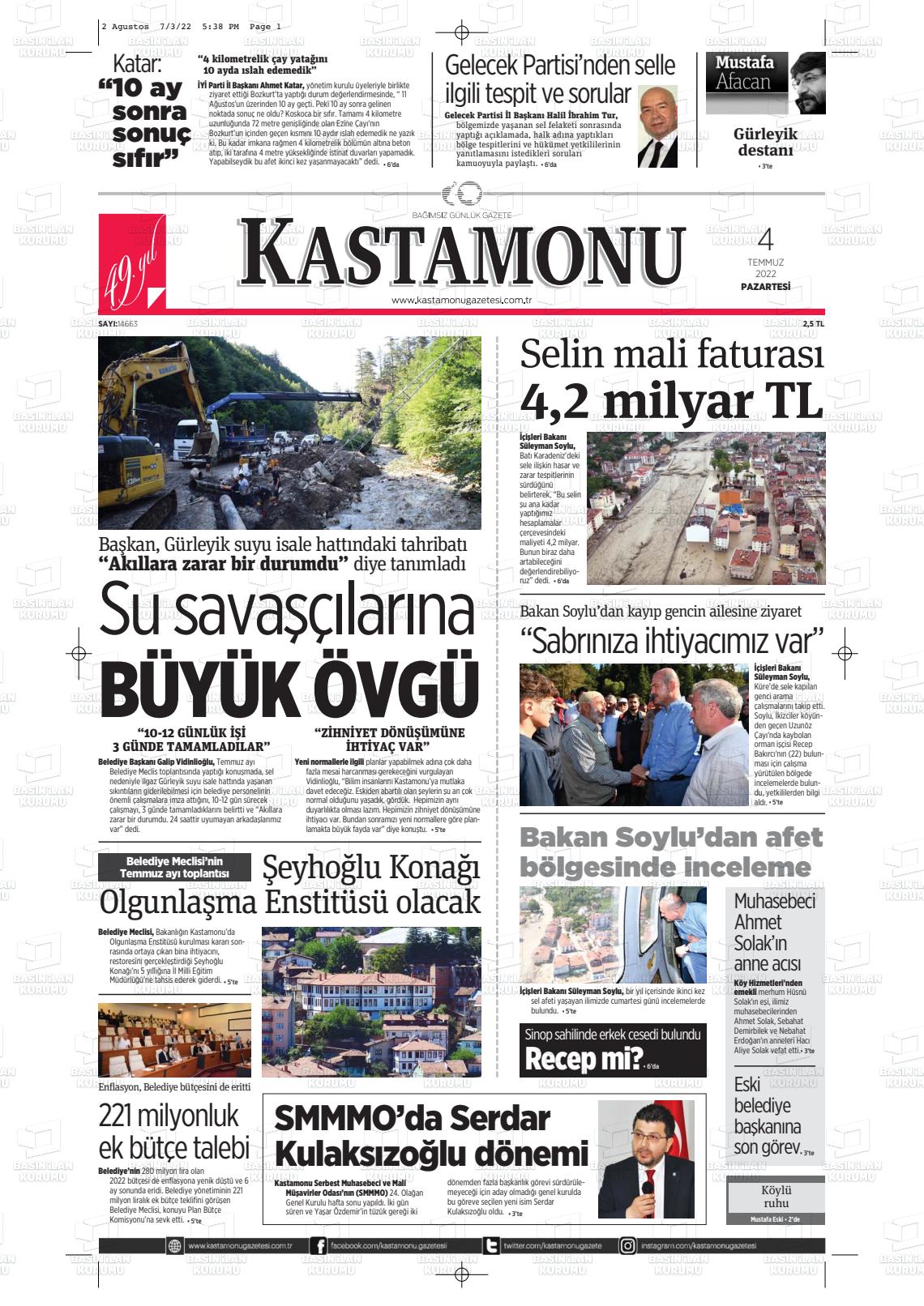 04 Temmuz 2022 Kastamonu Gazete Manşeti