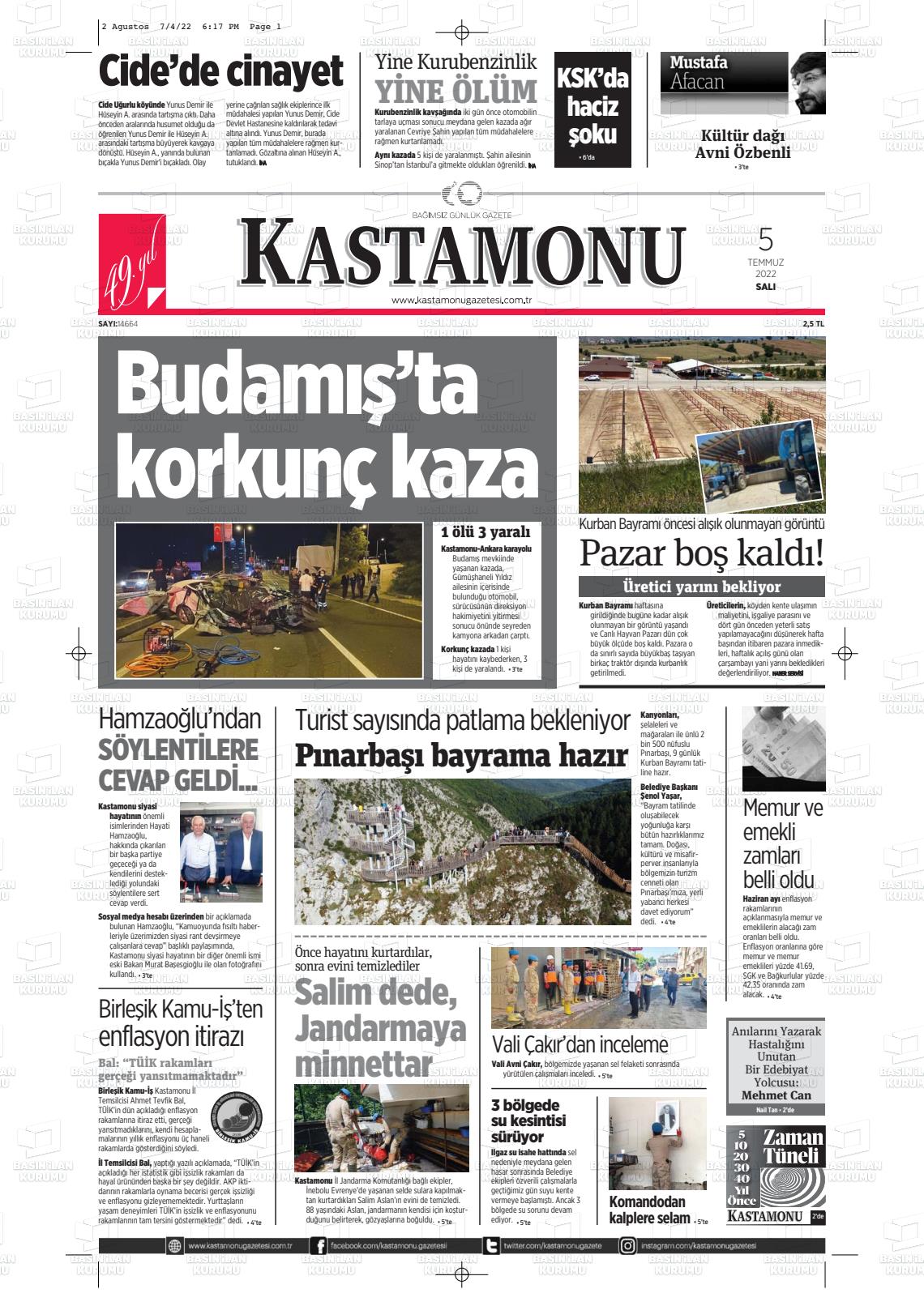 05 Temmuz 2022 Kastamonu Gazete Manşeti