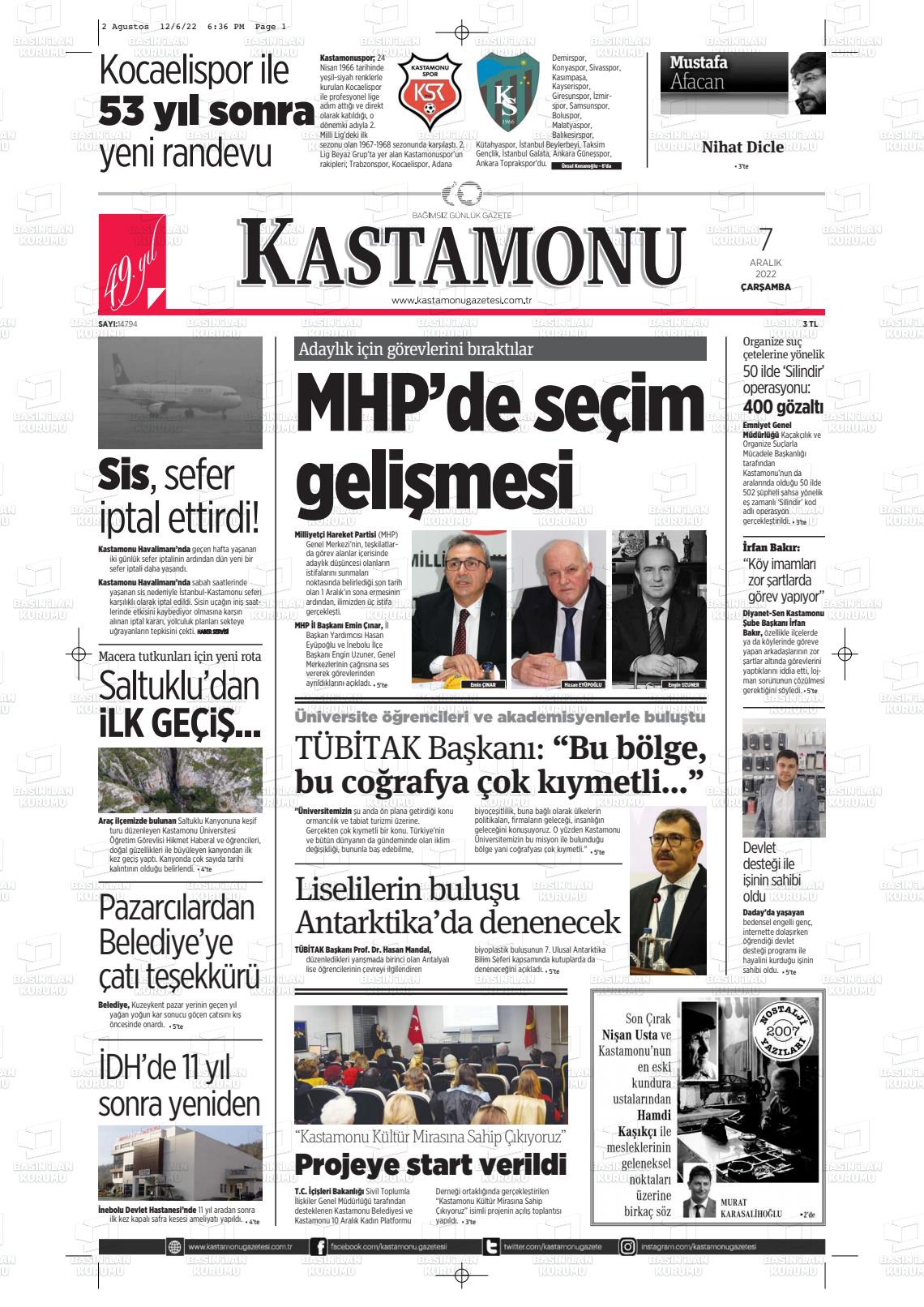 07 Aralık 2022 Kastamonu Gazete Manşeti