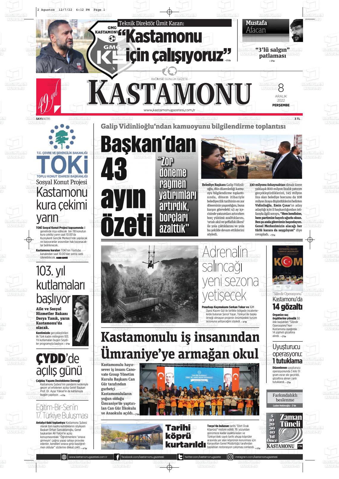 08 Aralık 2022 Kastamonu Gazete Manşeti