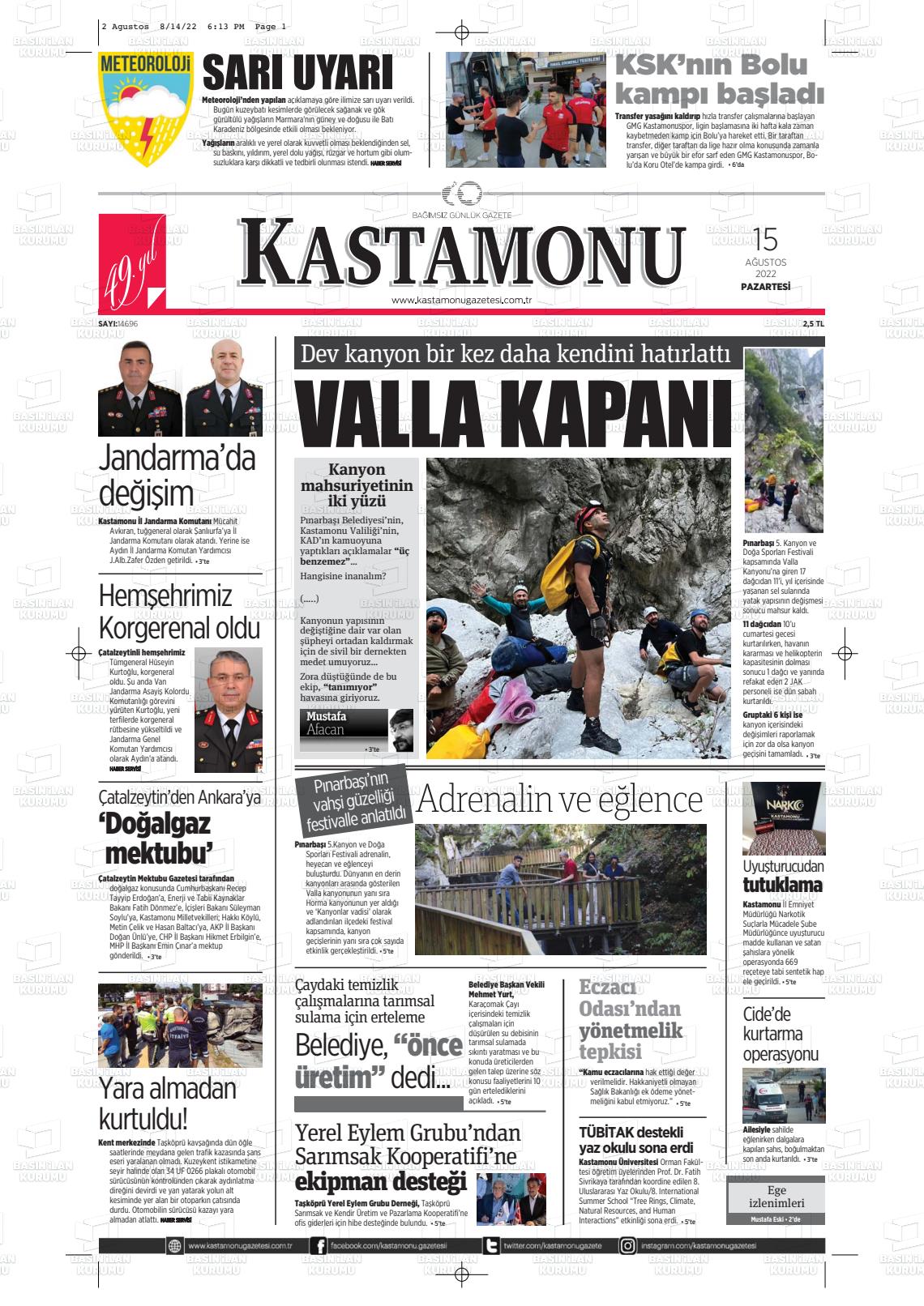 15 Ağustos 2022 Kastamonu Gazete Manşeti