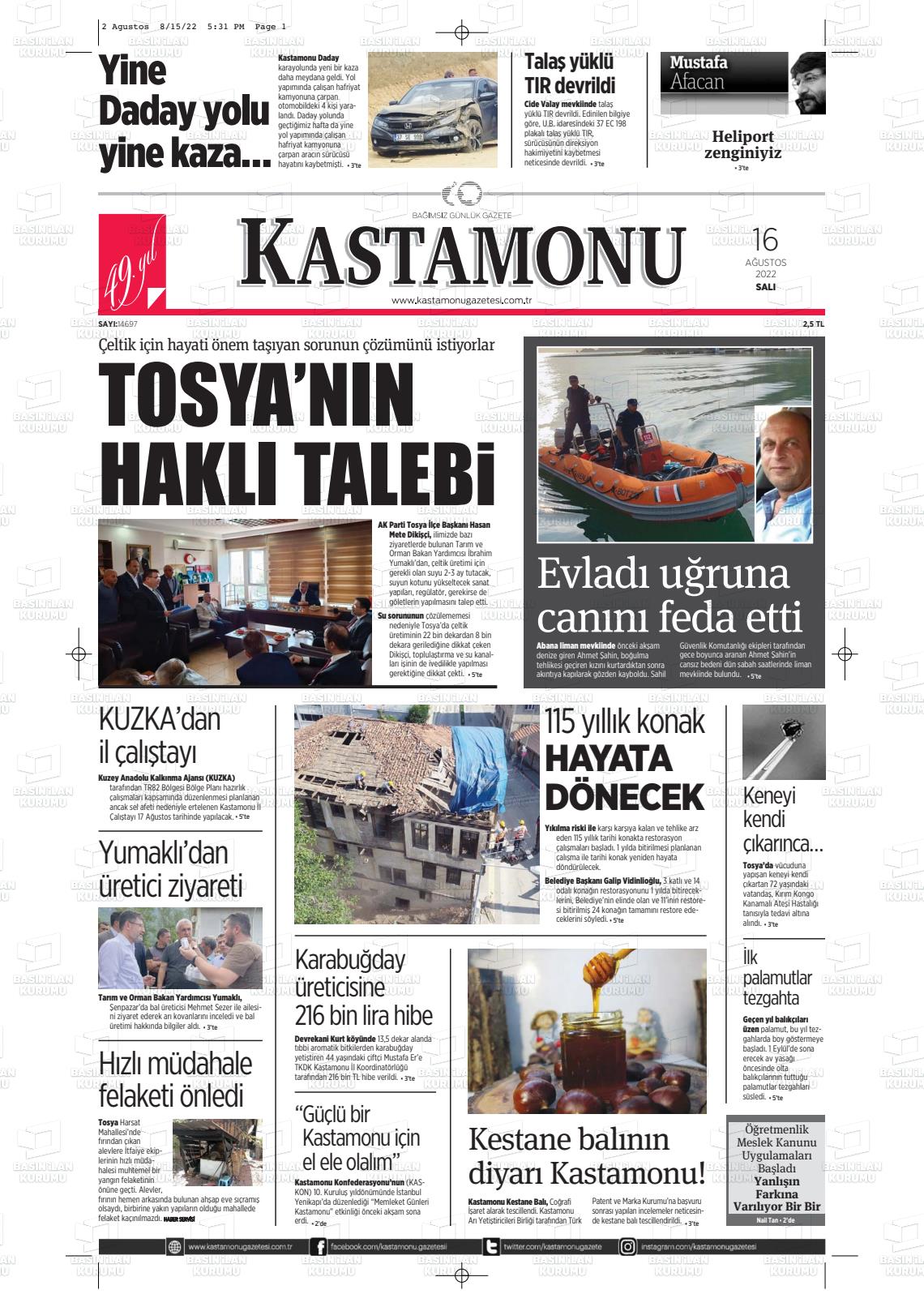 16 Ağustos 2022 Kastamonu Gazete Manşeti