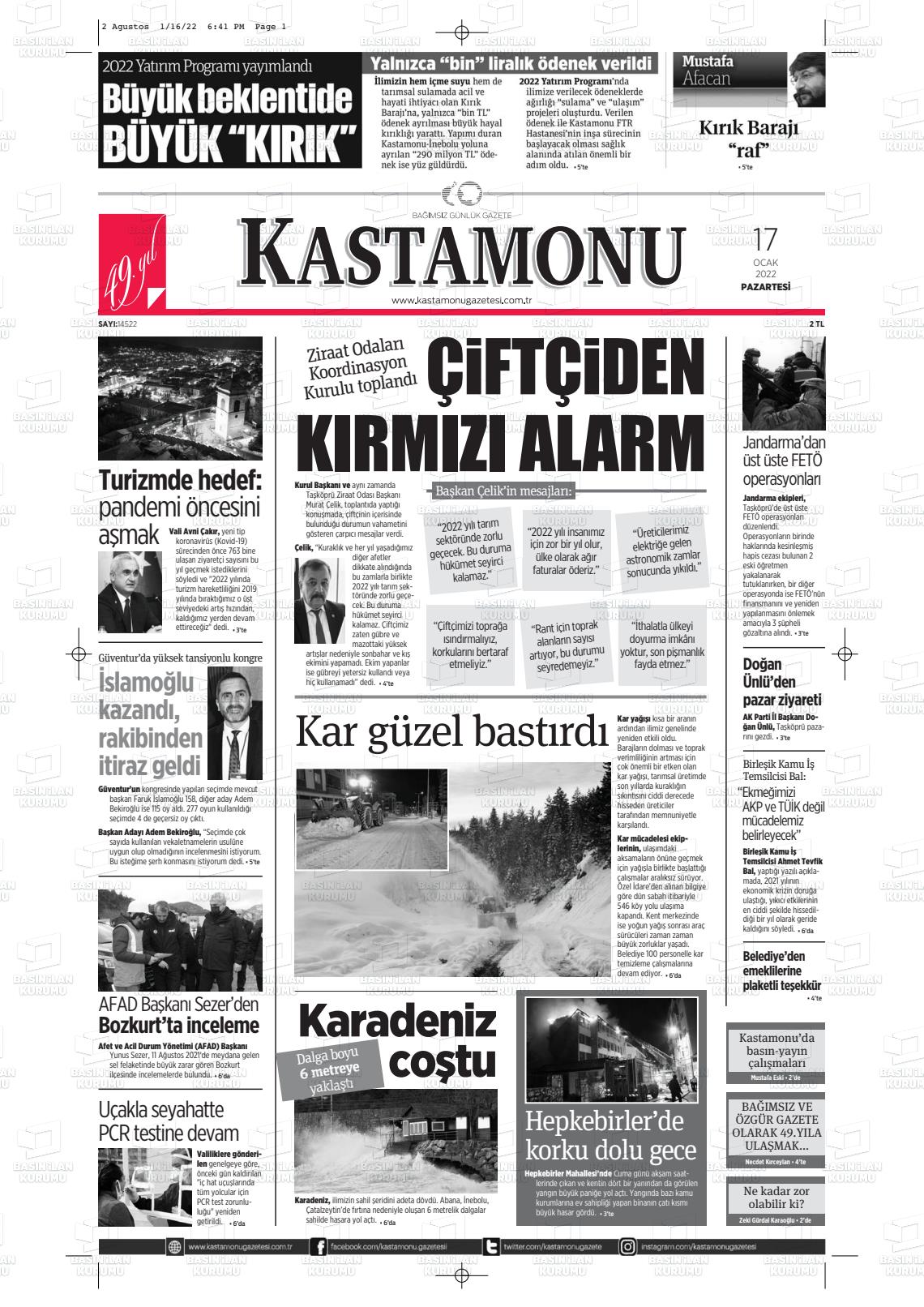 17 Ocak 2022 Kastamonu Gazete Manşeti
