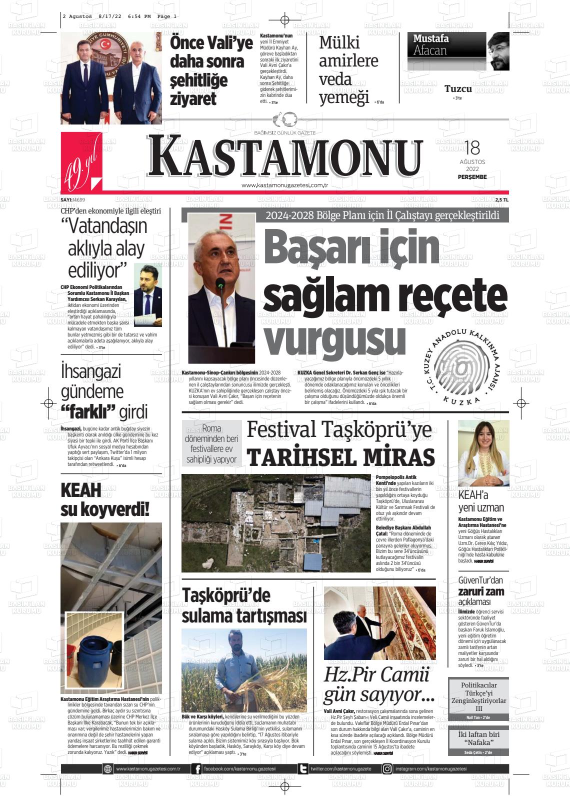 18 Ağustos 2022 Kastamonu Gazete Manşeti