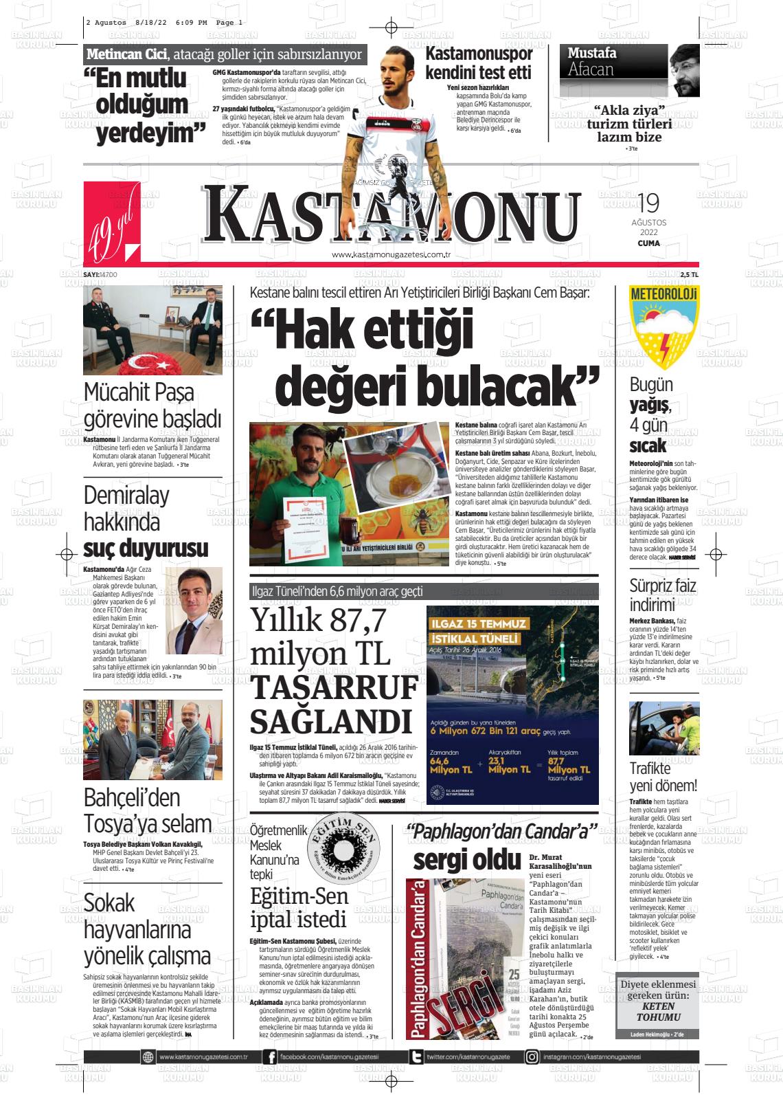 19 Ağustos 2022 Kastamonu Gazete Manşeti