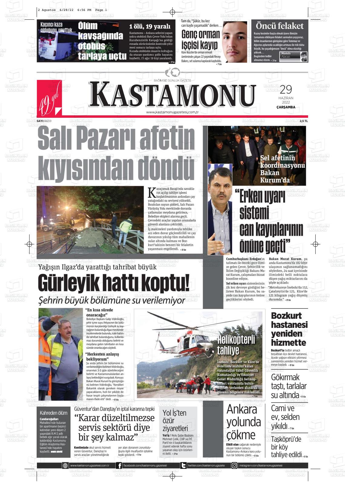 29 Haziran 2022 Kastamonu Gazete Manşeti