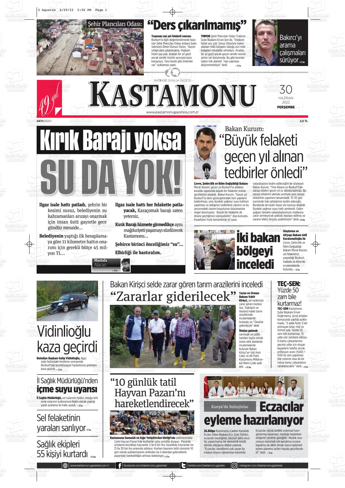 01 Temmuz 2022 Kastamonu Gazete Manşeti