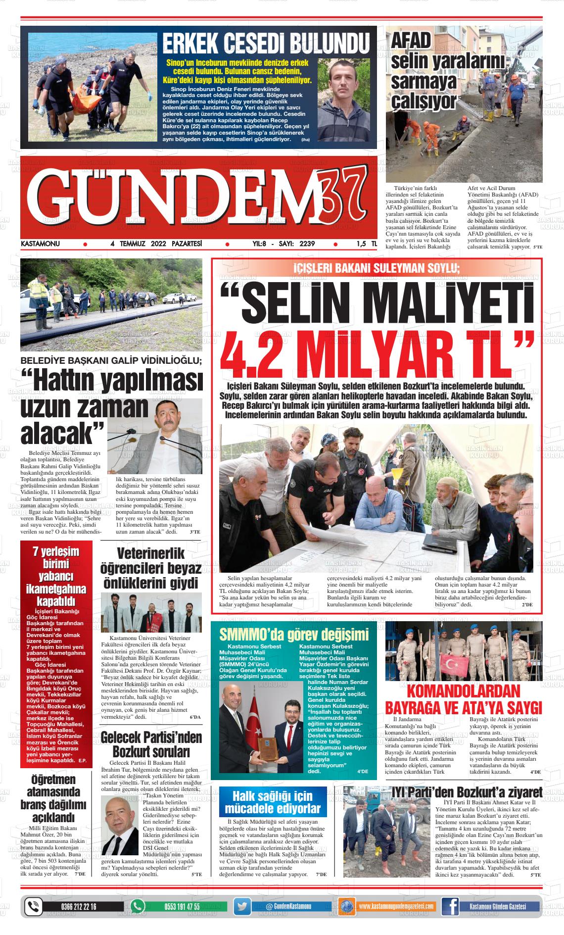 04 Temmuz 2022 Kastamonu Gündem Gazete Manşeti