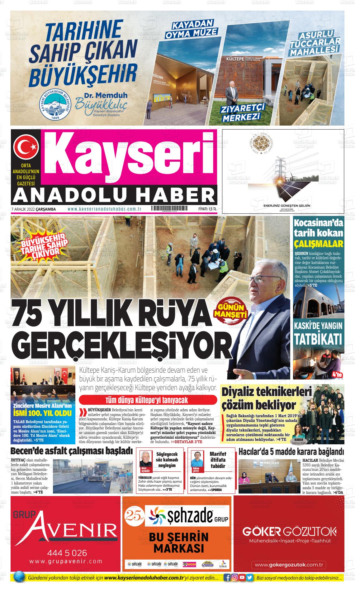 07 Aralık 2022 Kayseri Anadolu Haber Gazete Manşeti