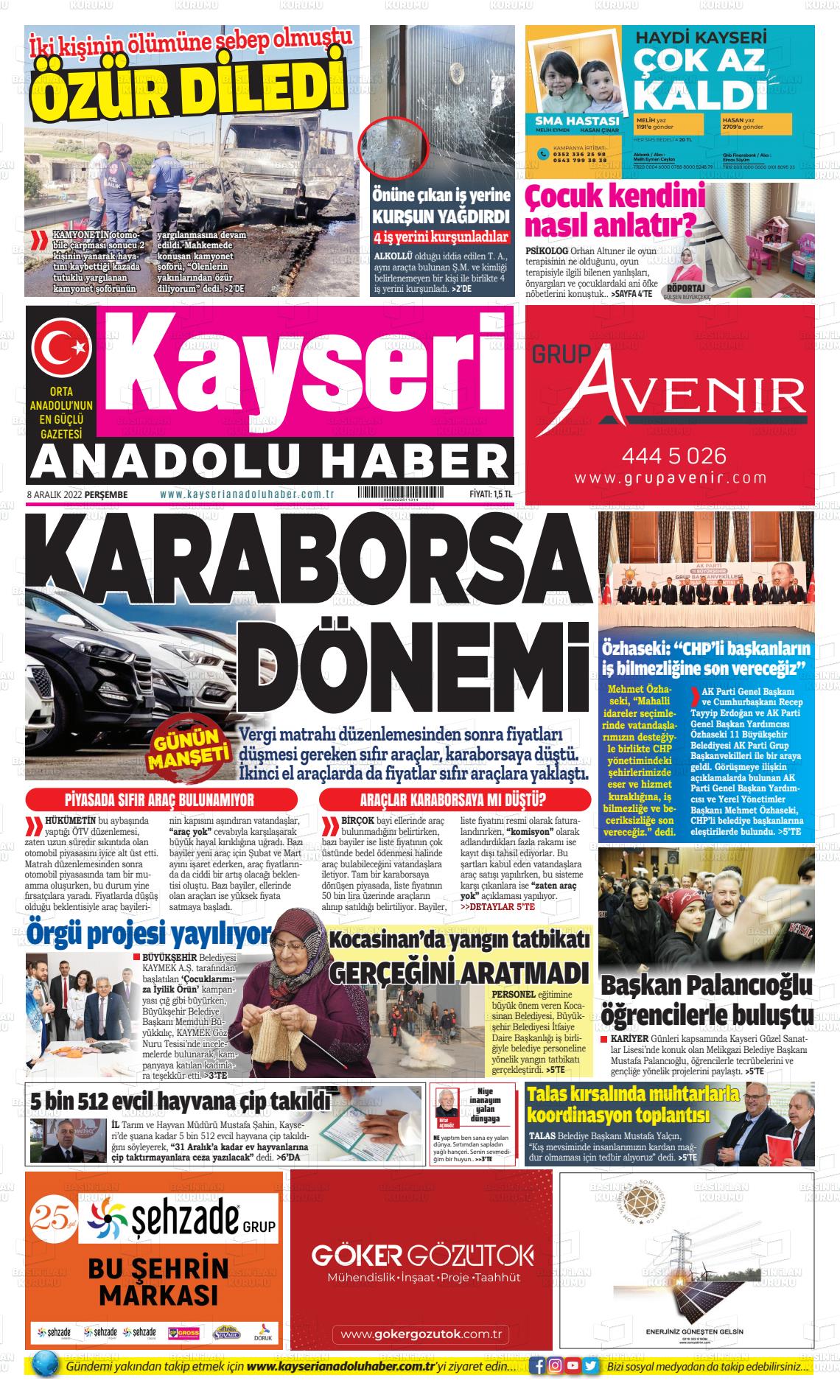 08 Aralık 2022 Kayseri Anadolu Haber Gazete Manşeti