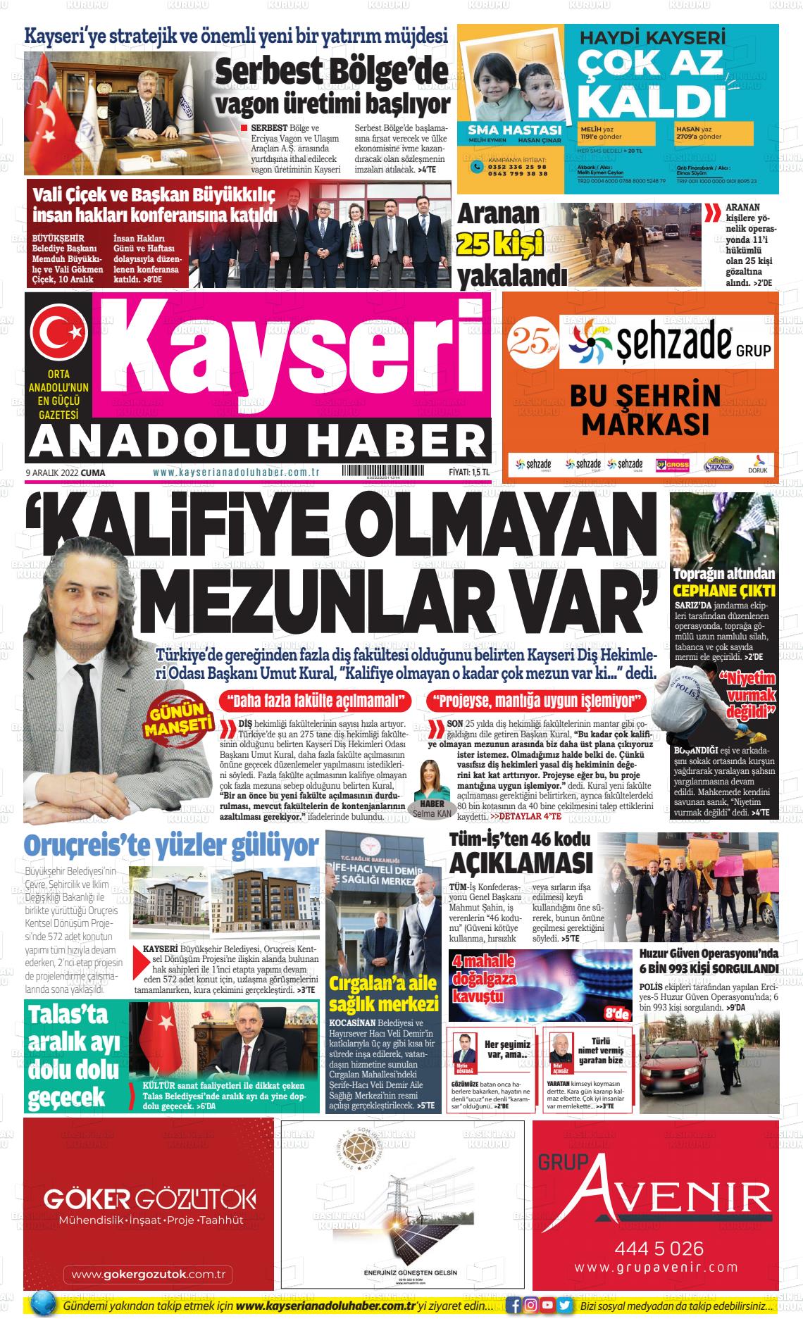 09 Aralık 2022 Kayseri Anadolu Haber Gazete Manşeti