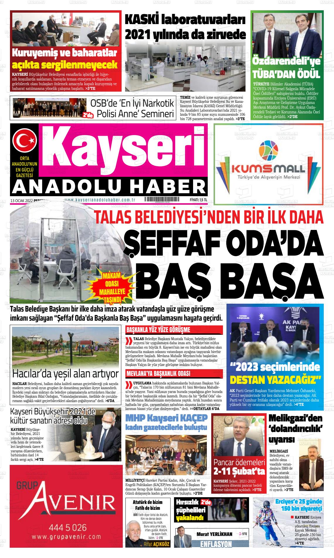 13 Ocak 2022 Kayseri Anadolu Haber Gazete Manşeti