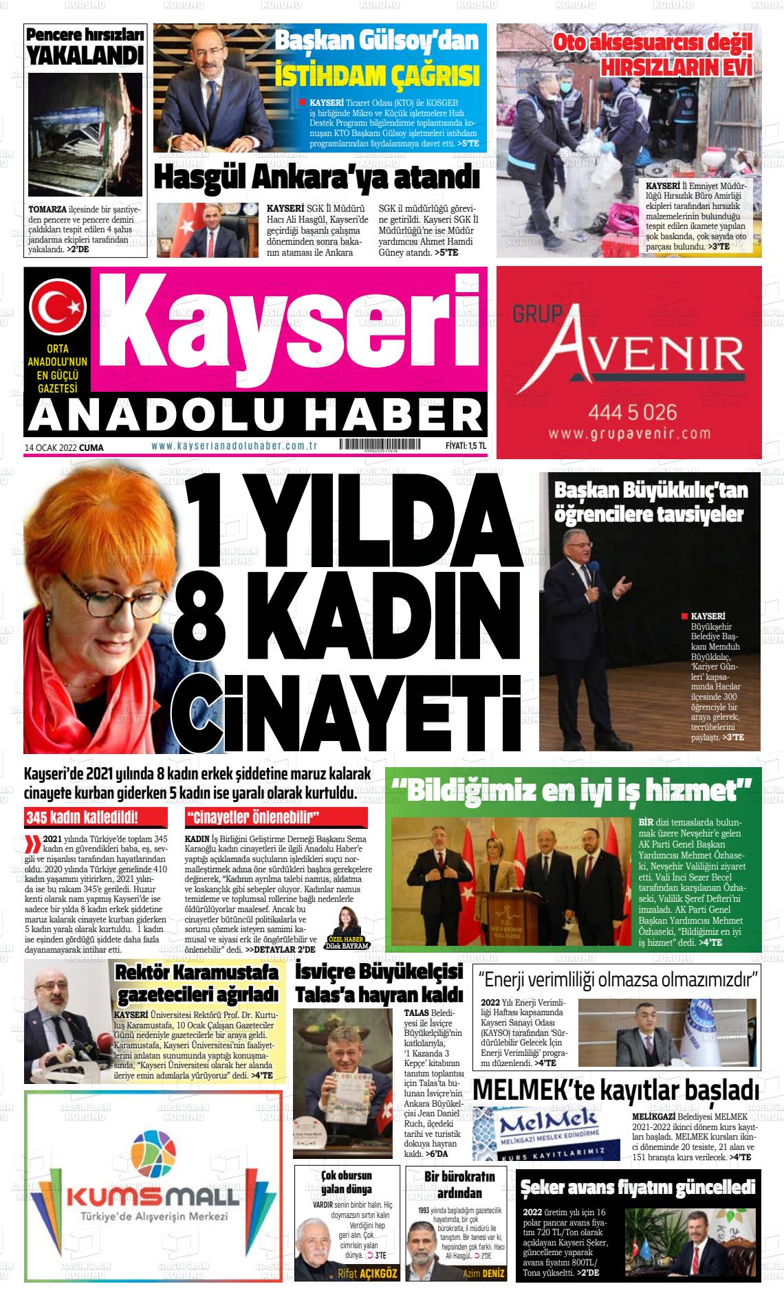 14 Ocak 2022 Kayseri Anadolu Haber Gazete Manşeti
