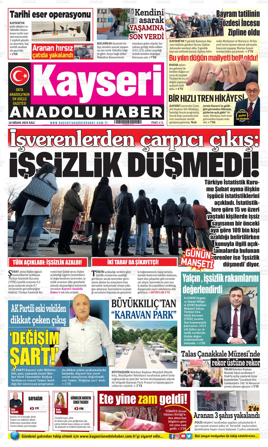 18 Nisan 2024 Kayseri Anadolu Haber Gazete Manşeti