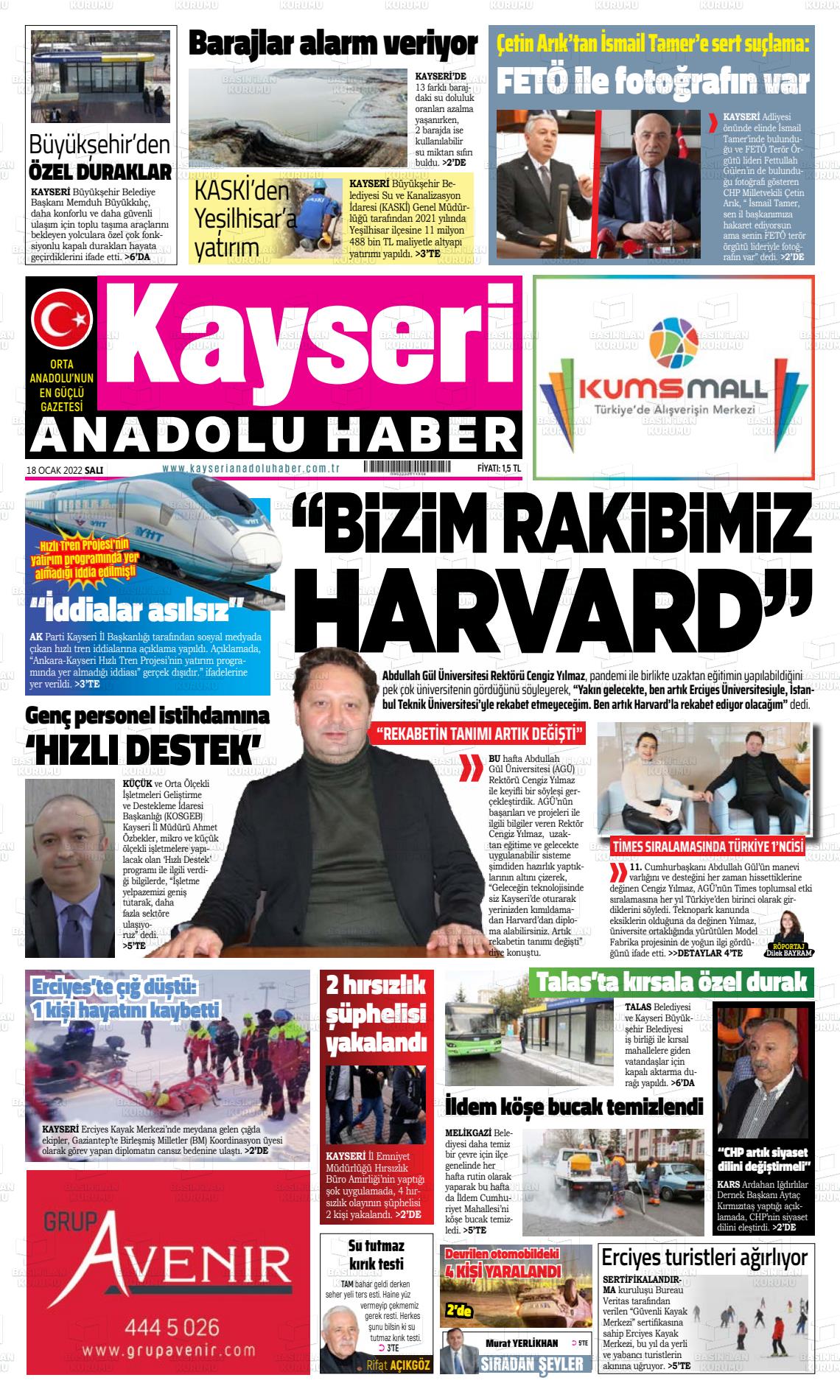 18 Ocak 2022 Kayseri Anadolu Haber Gazete Manşeti