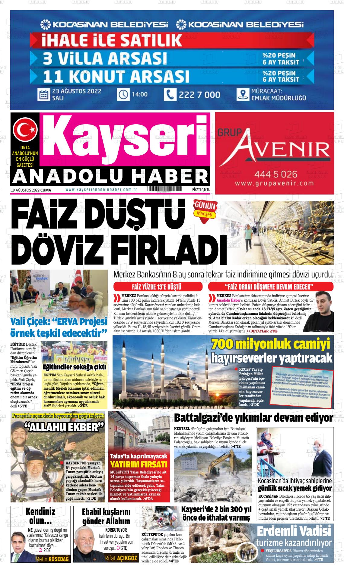 Kayseri Anadolu Haber Gazete Manşeti