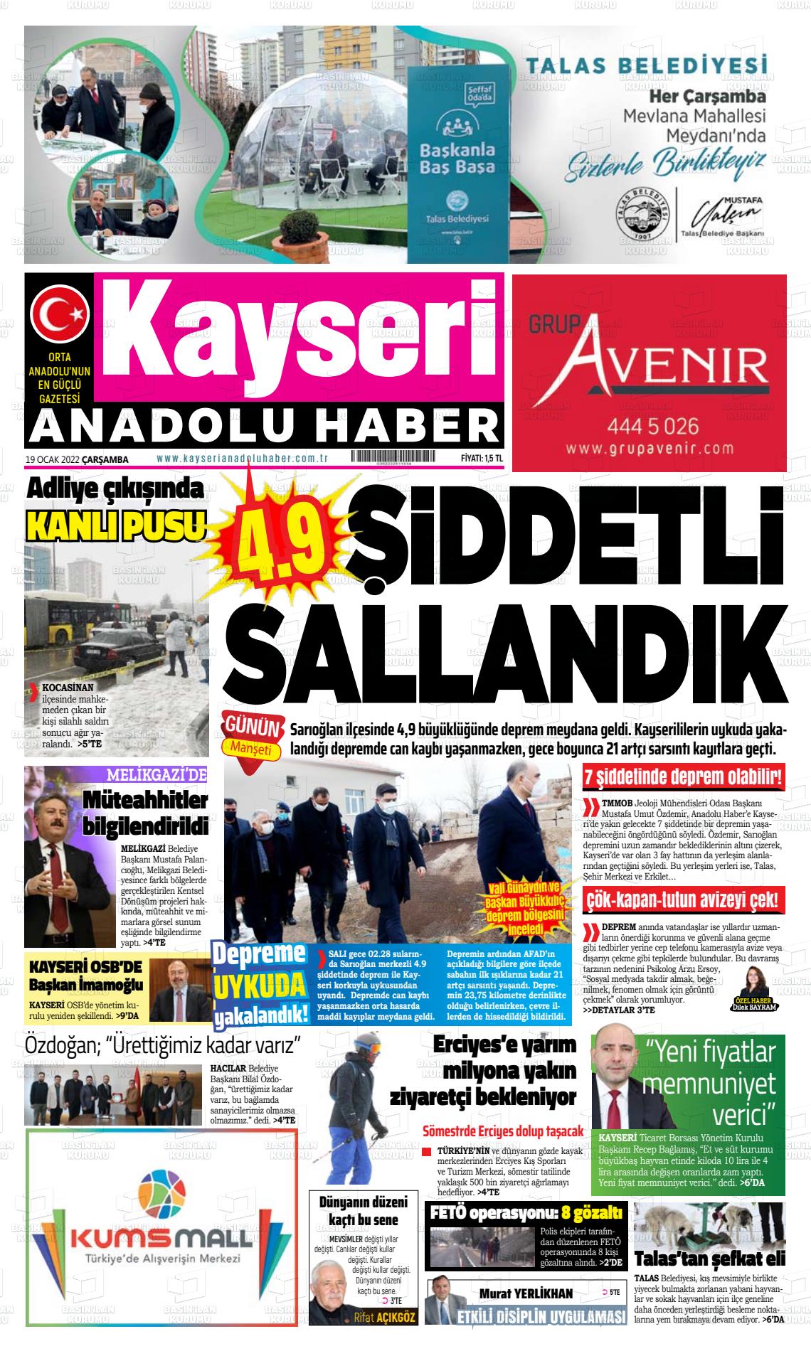 19 Ocak 2022 Kayseri Anadolu Haber Gazete Manşeti