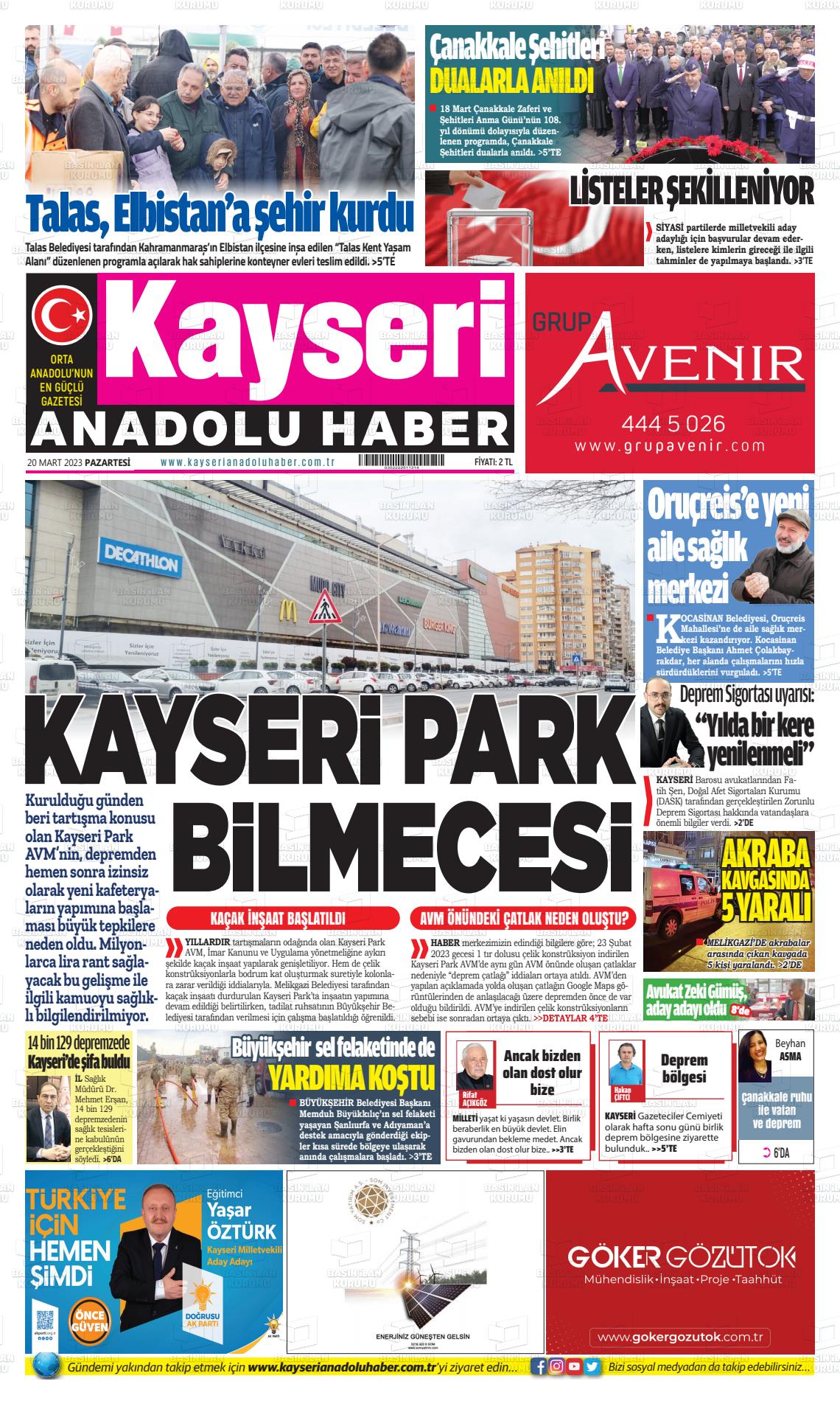 20 Mart 2023 Kayseri Anadolu Haber Gazete Manşeti